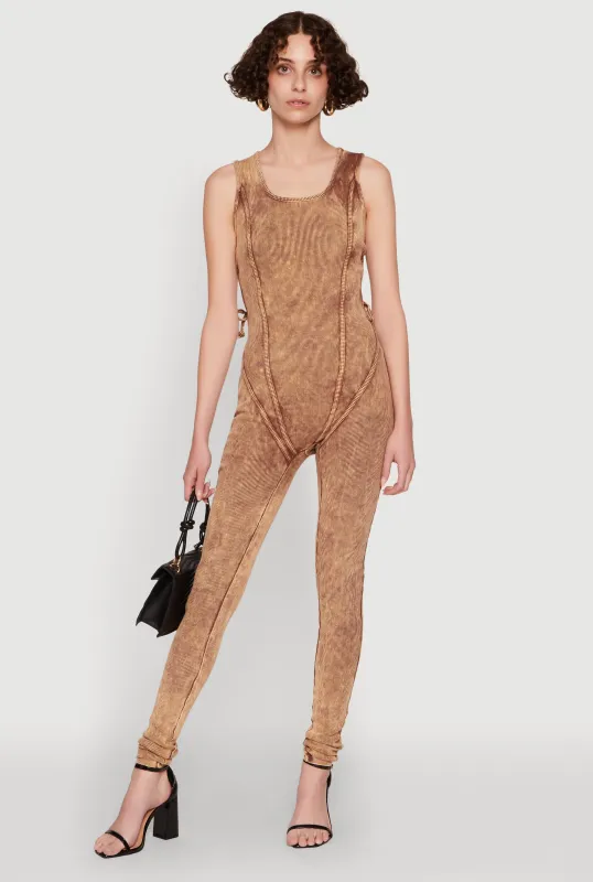 Mineral Wash Lace Up Back Pintuck Jumpsuit sold by Rainbow