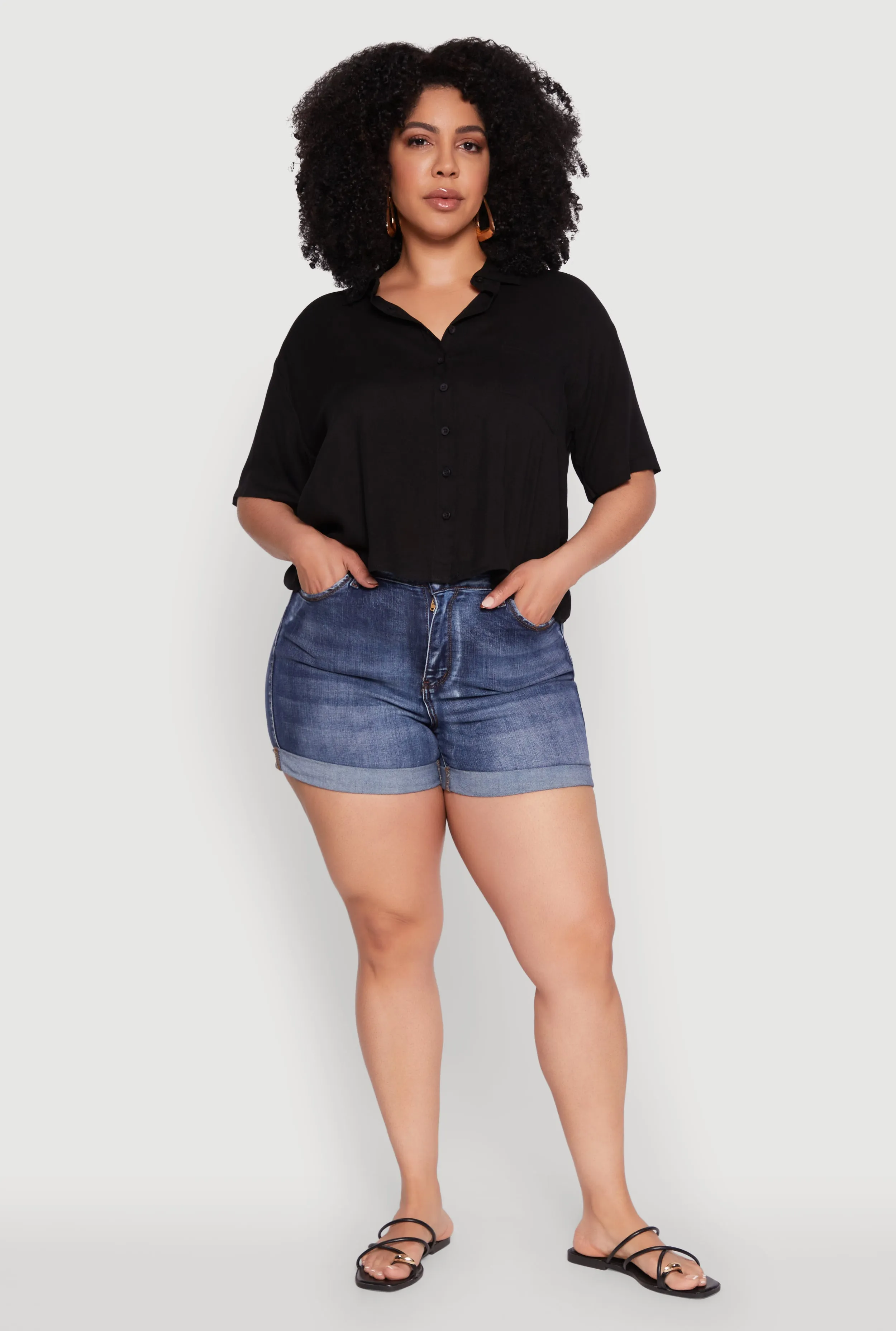 Plus Size Chic Boxy Button Front Short Sleeve Shirt sold by Rainbow