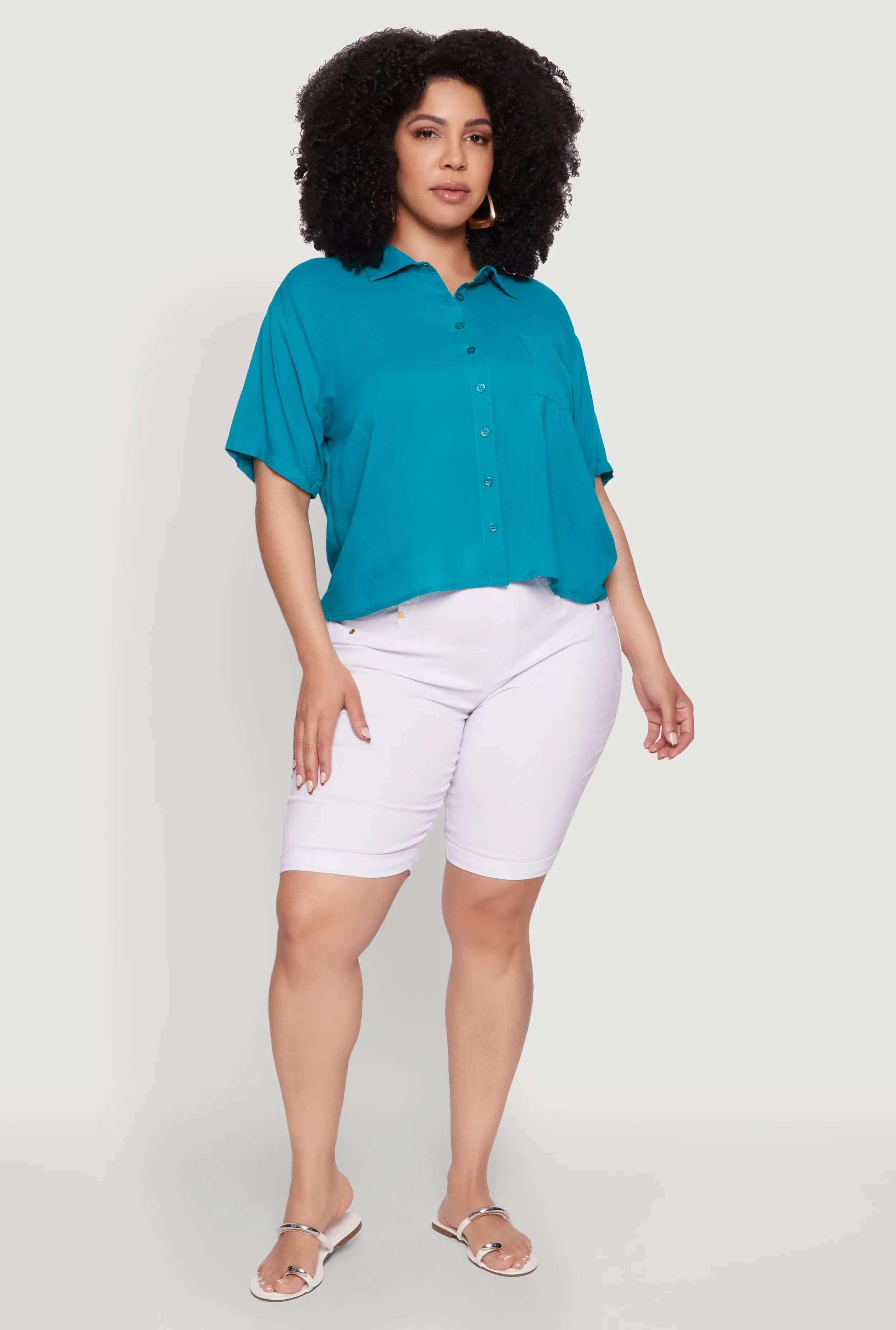 Plus Size Chic Boxy Button Front Short Sleeve Shirt sold by Rainbow