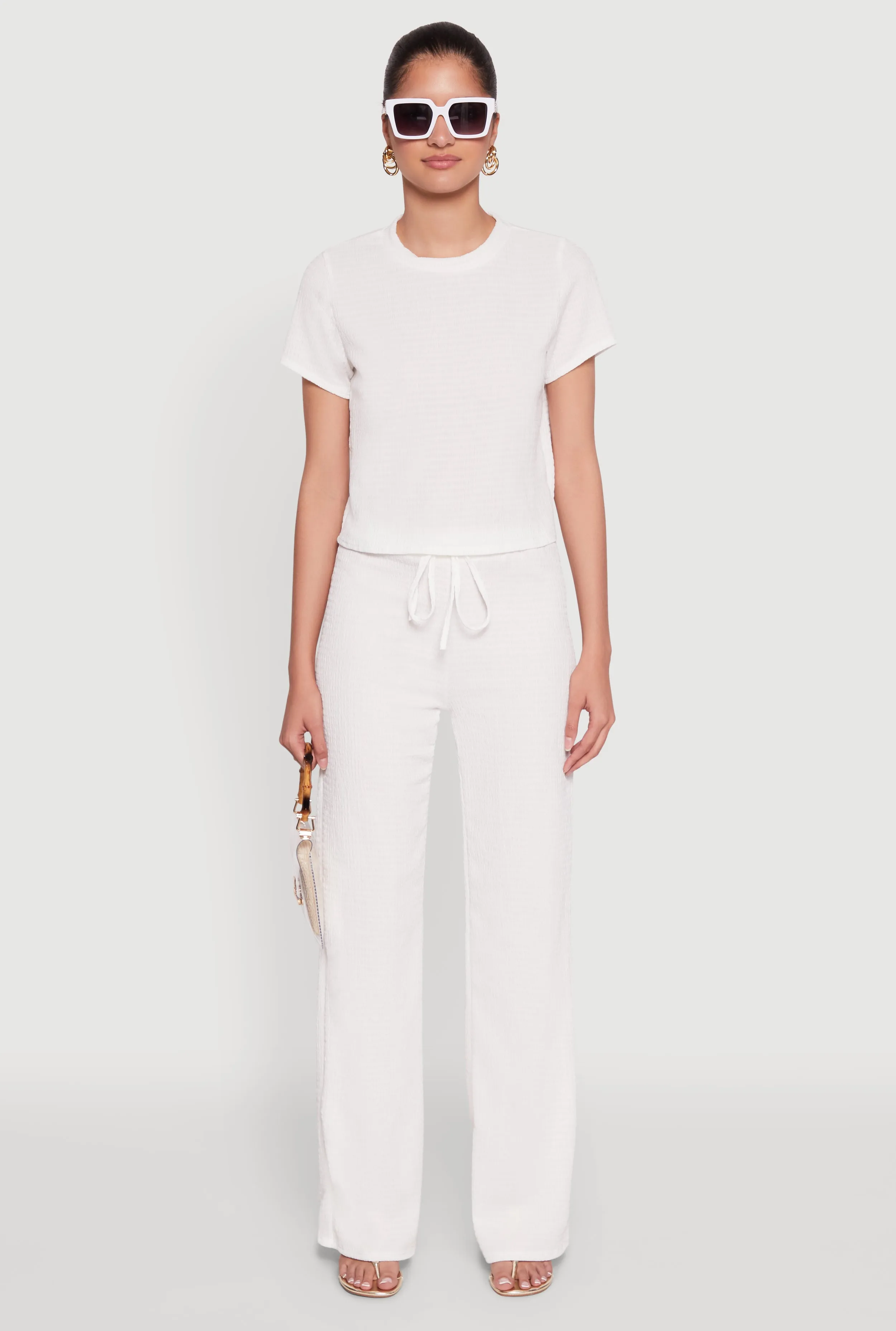 Casual Textured Knit Straight Leg Pants with Faux Drawstring sold by Rainbow