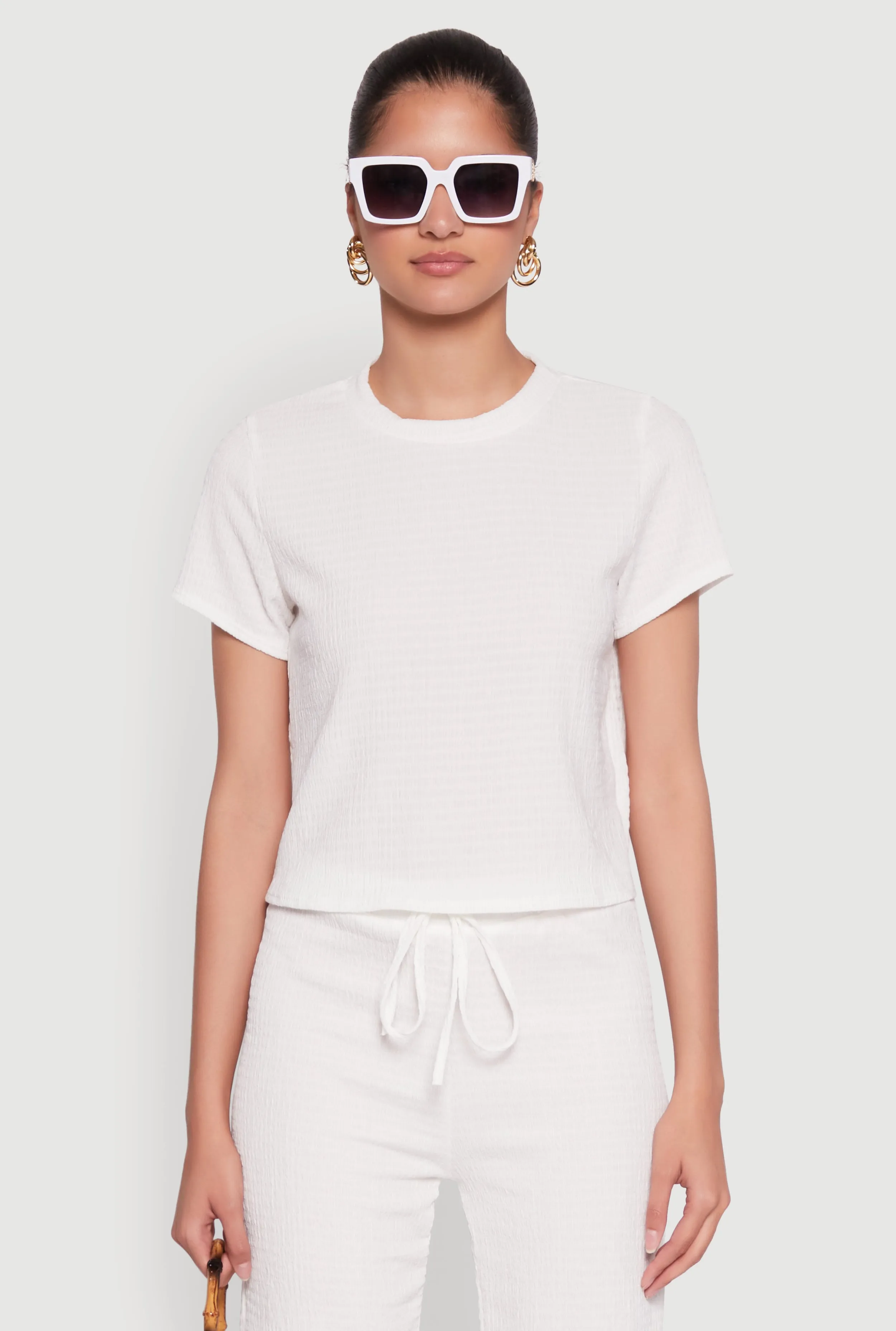 Trendy Textured Knit Cropped Crew Neck Top sold by Rainbow