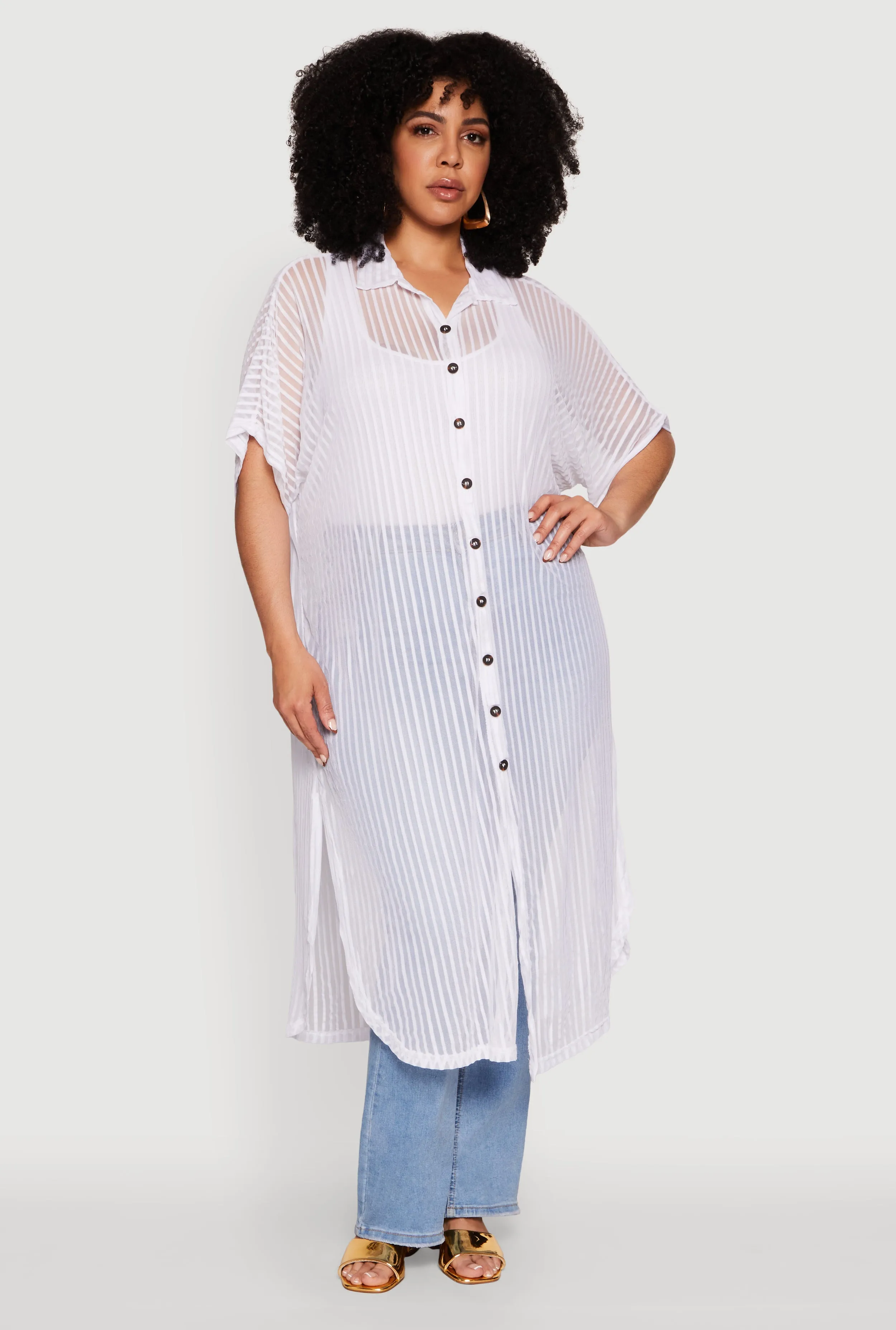 Plus Size Mesh Button Front Side Slit Shirt sold by Rainbow product image thumbnail 2