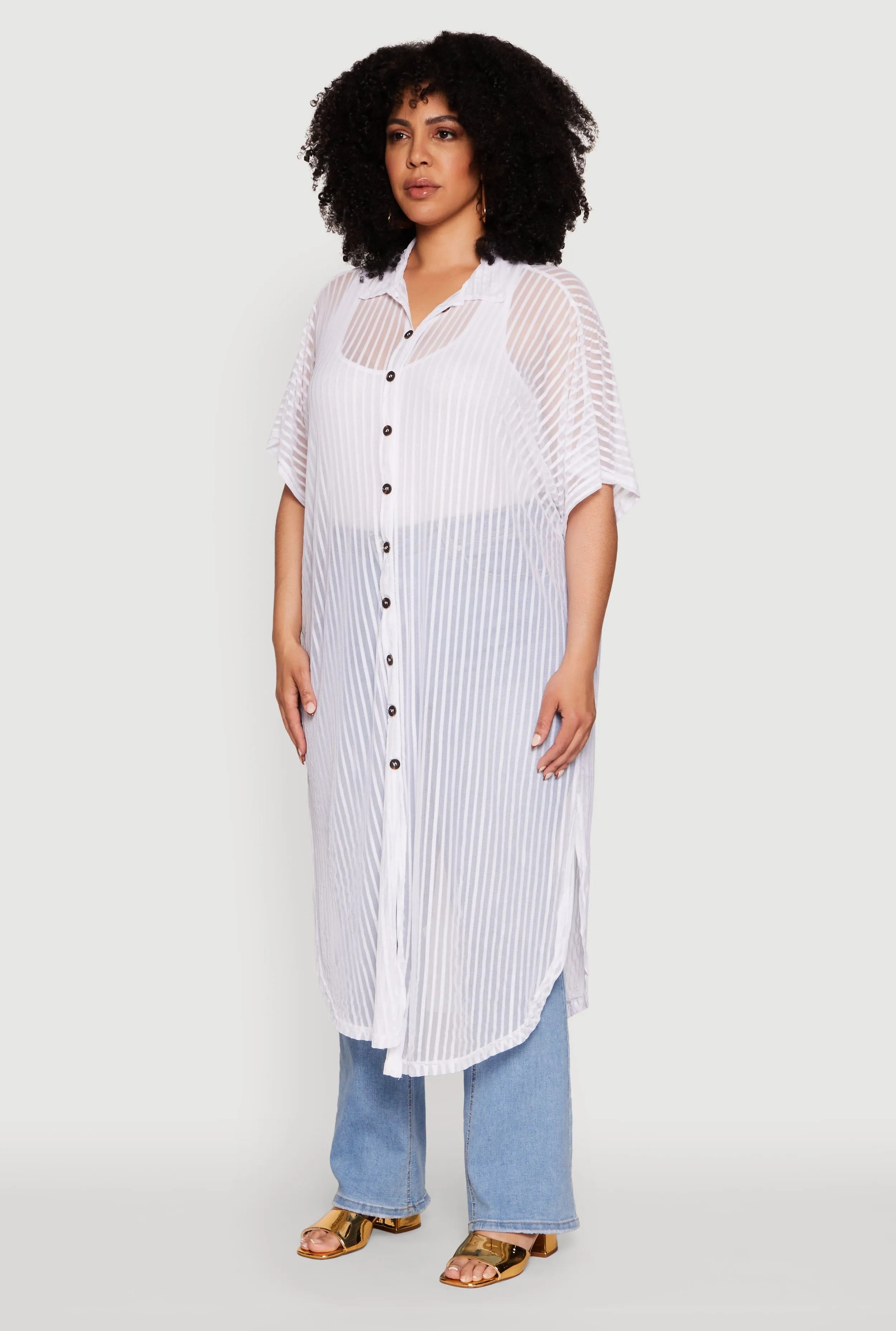 Plus Size Mesh Button Front Side Slit Shirt sold by Rainbow product image thumbnail 3