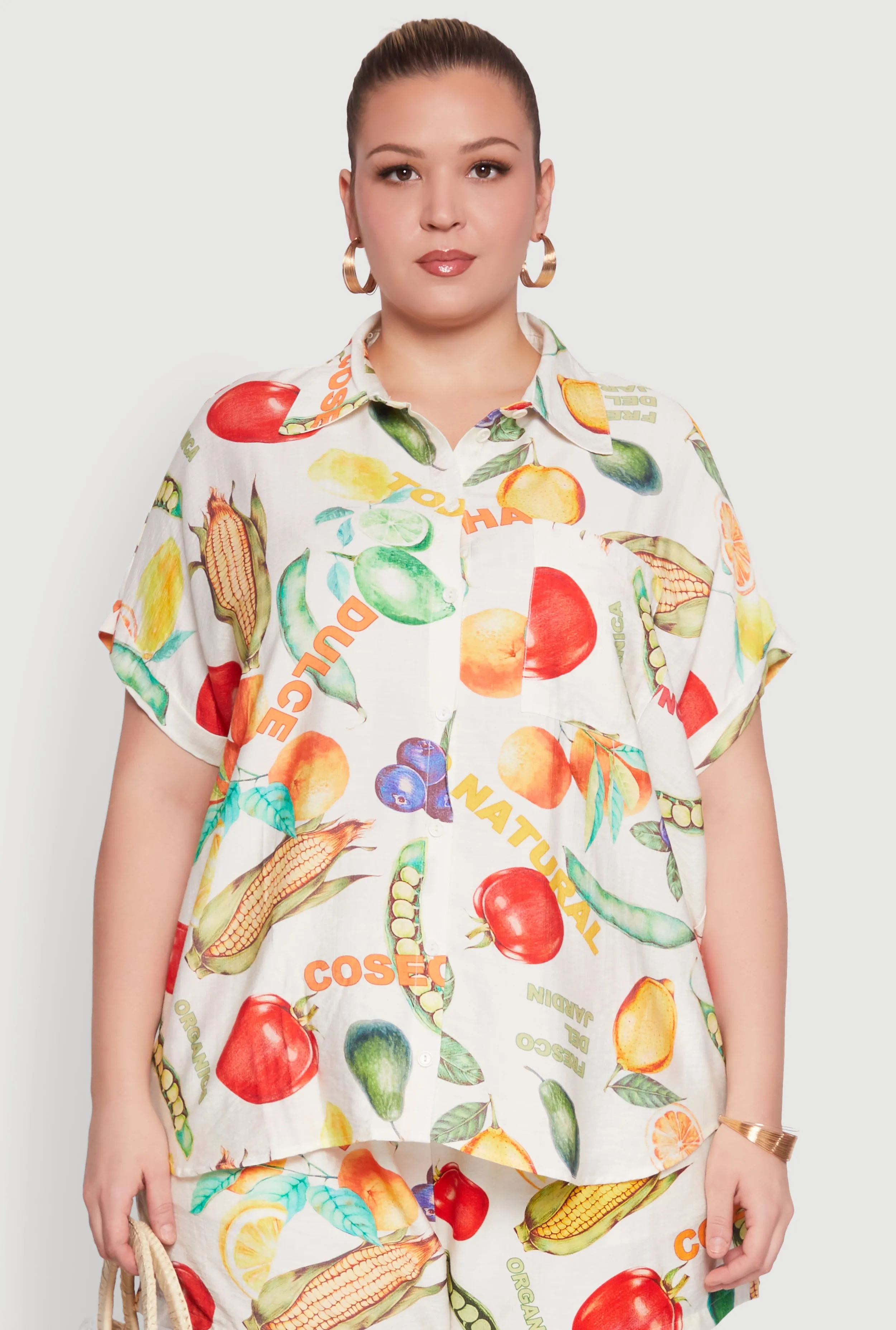 Plus Size Fruit Print Button Front Short Sleeve Shirt sold by Rainbow