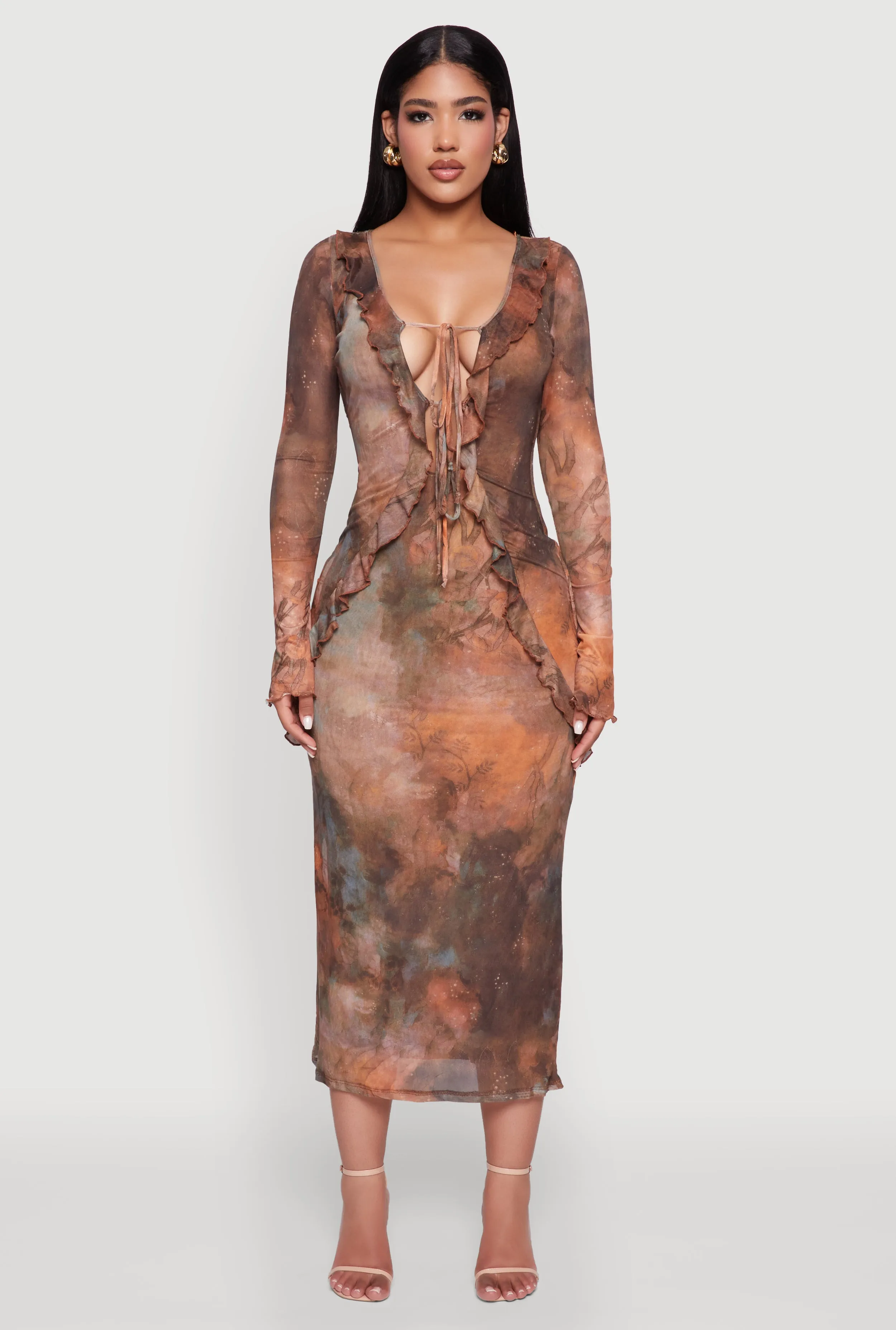 Chic Mesh Ruffle Tie Front Bodycon Dress sold by Rainbow