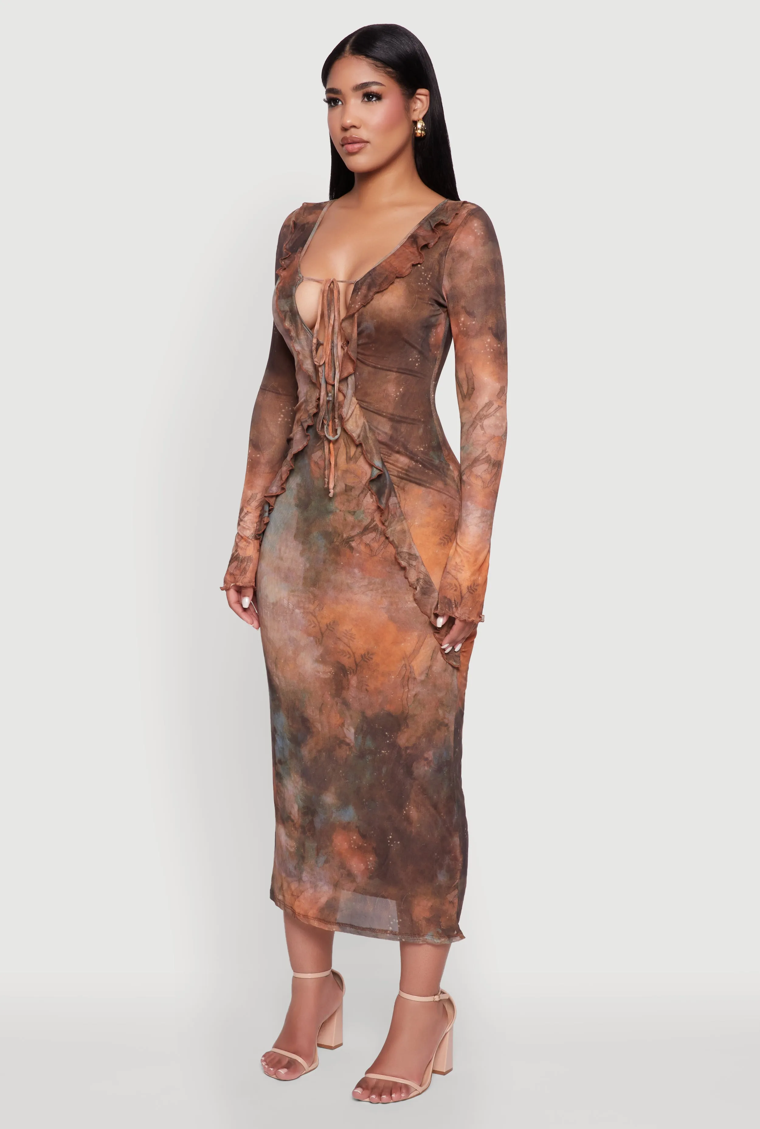 Chic Mesh Ruffle Tie Front Bodycon Dress sold by Rainbow product image thumbnail 3