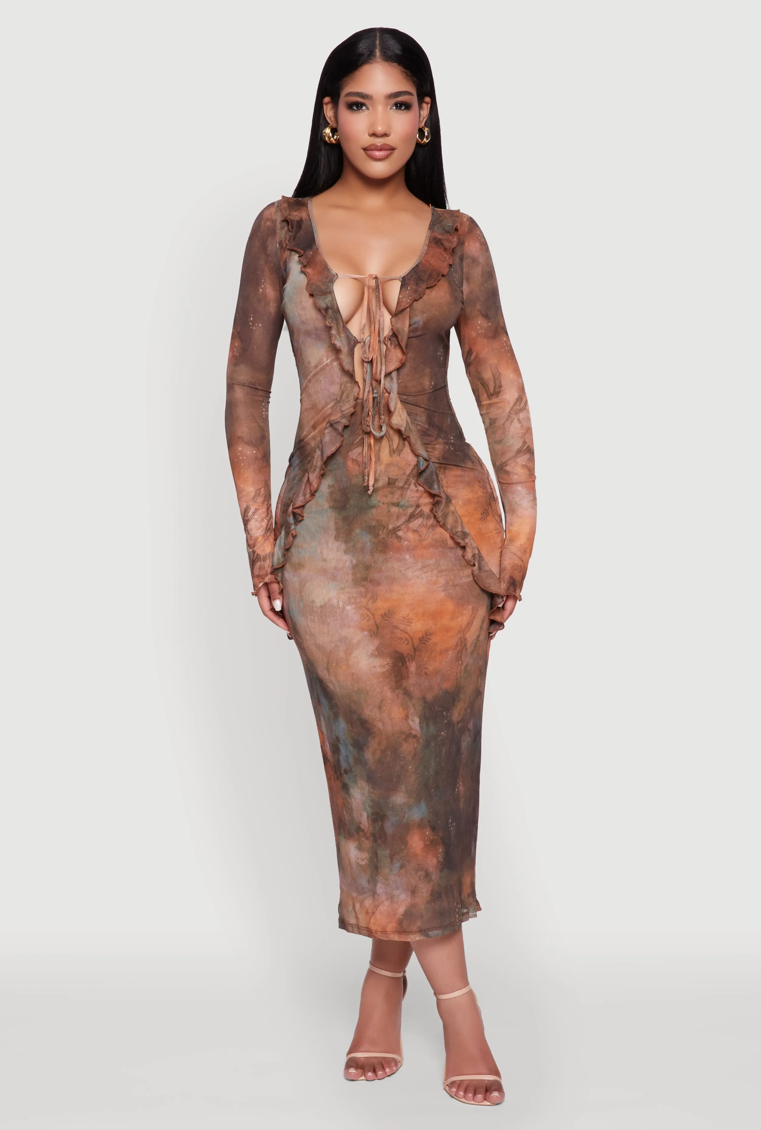 Chic Mesh Ruffle Tie Front Bodycon Dress sold by Rainbow product image thumbnail 2