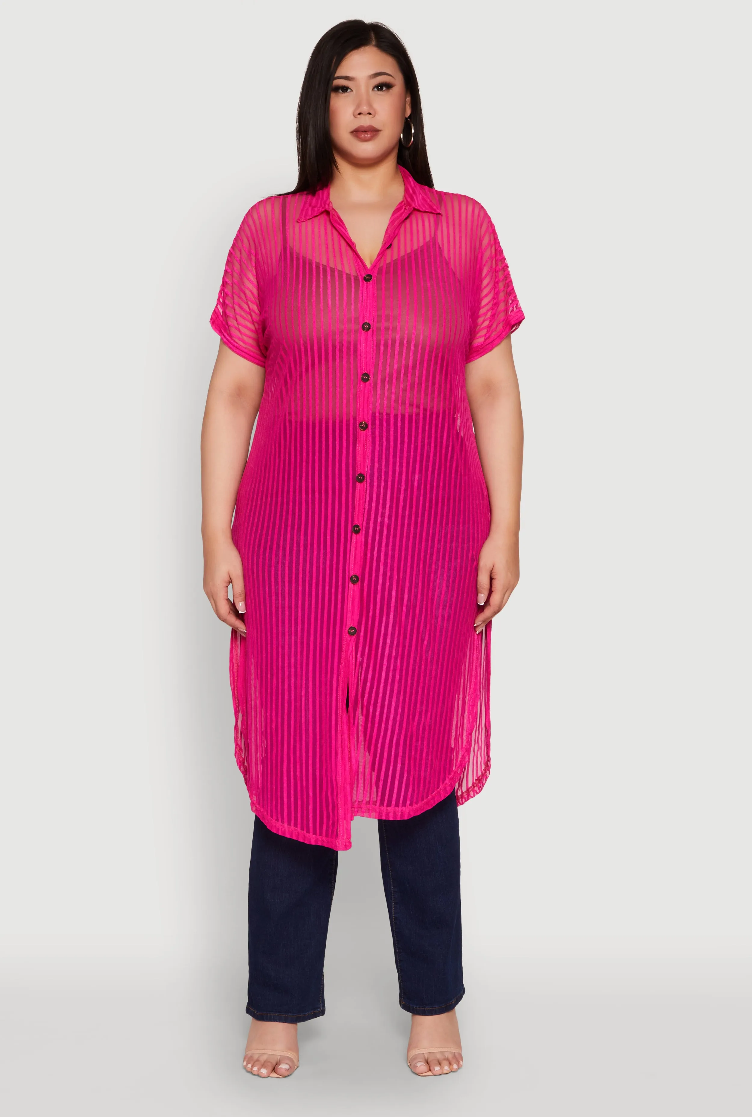 Plus Size Mesh Button Front Side Slit Shirt sold by Rainbow product image thumbnail 2