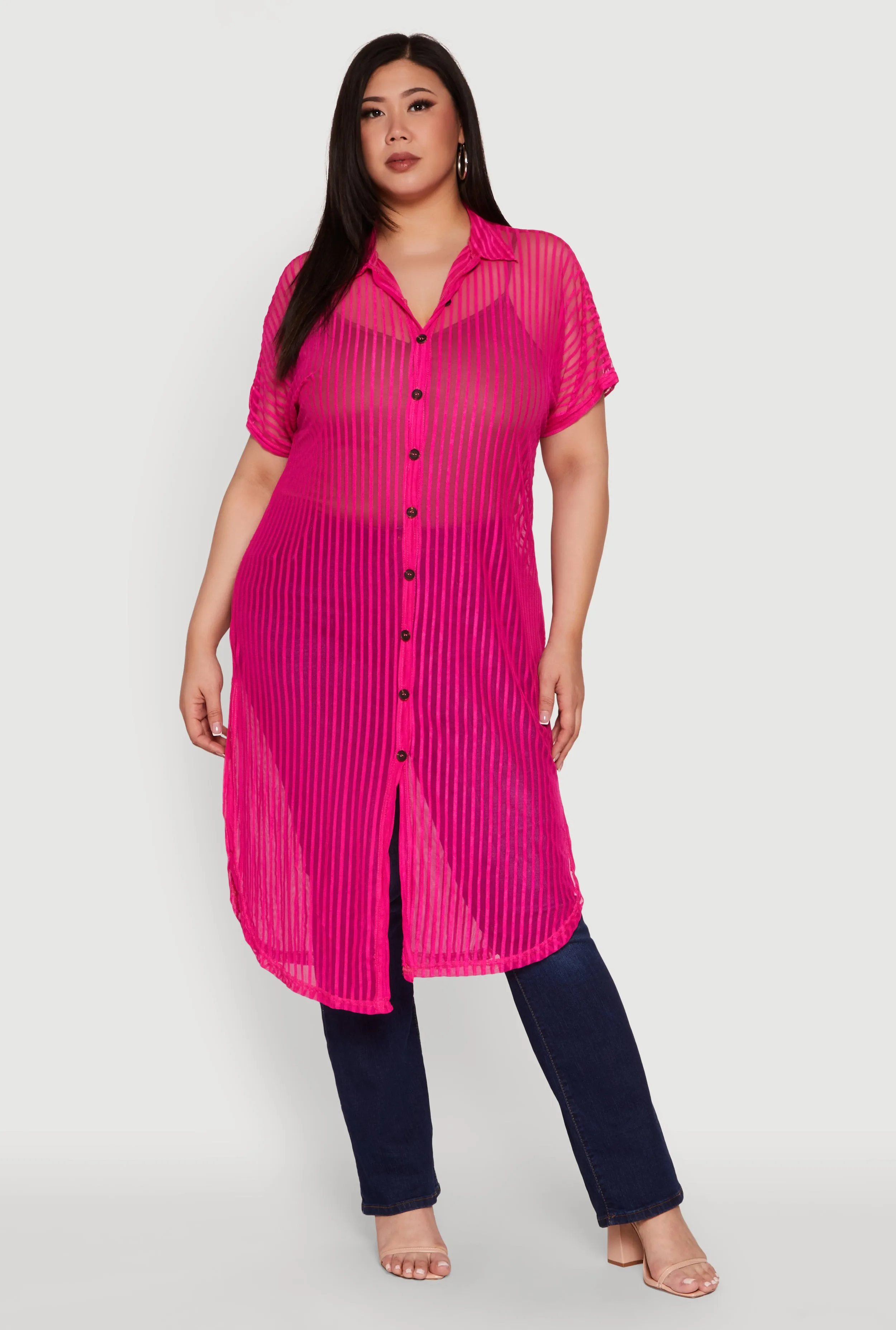 Plus Size Mesh Button Front Side Slit Shirt sold by Rainbow