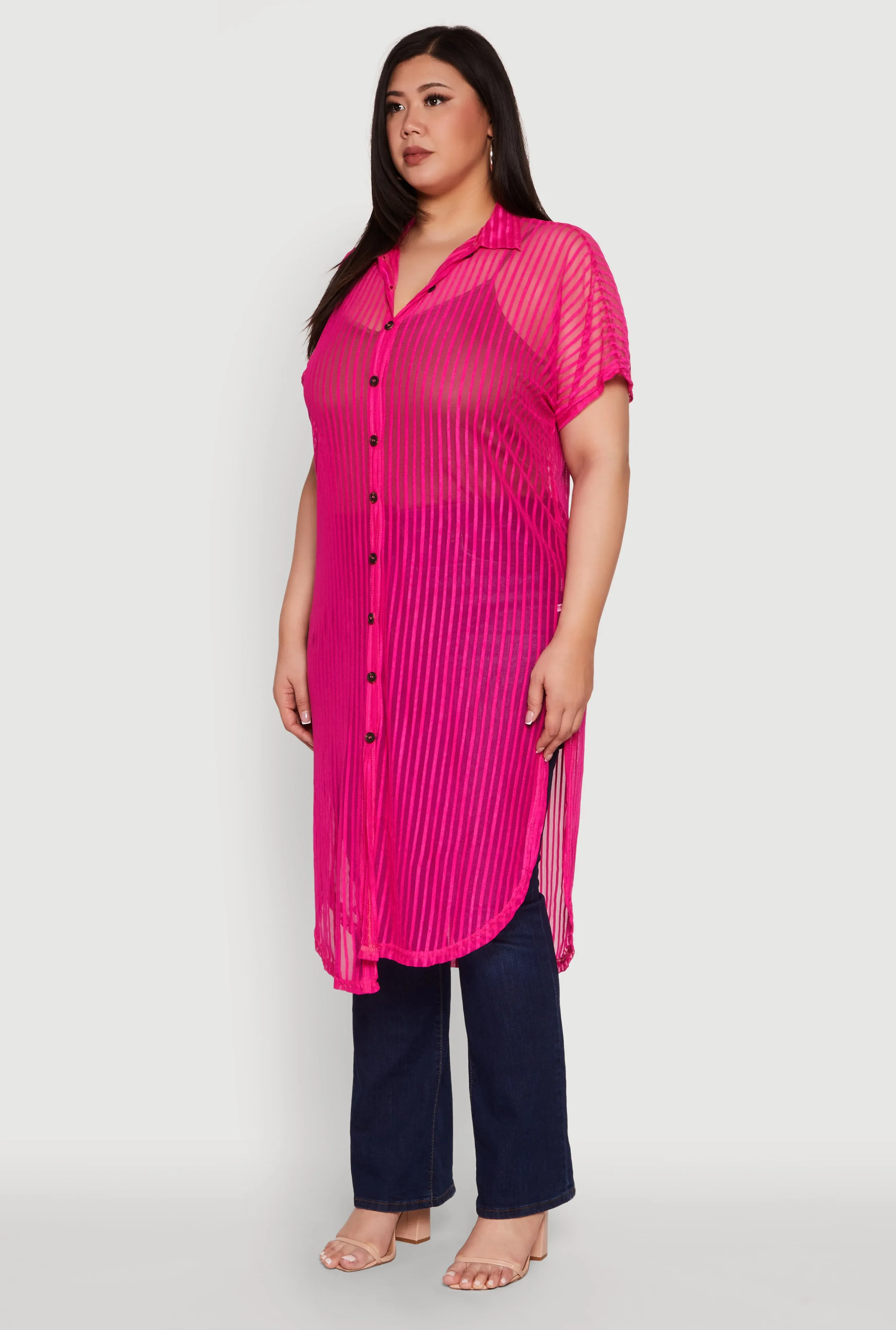 Plus Size Mesh Button Front Side Slit Shirt sold by Rainbow product image thumbnail 3