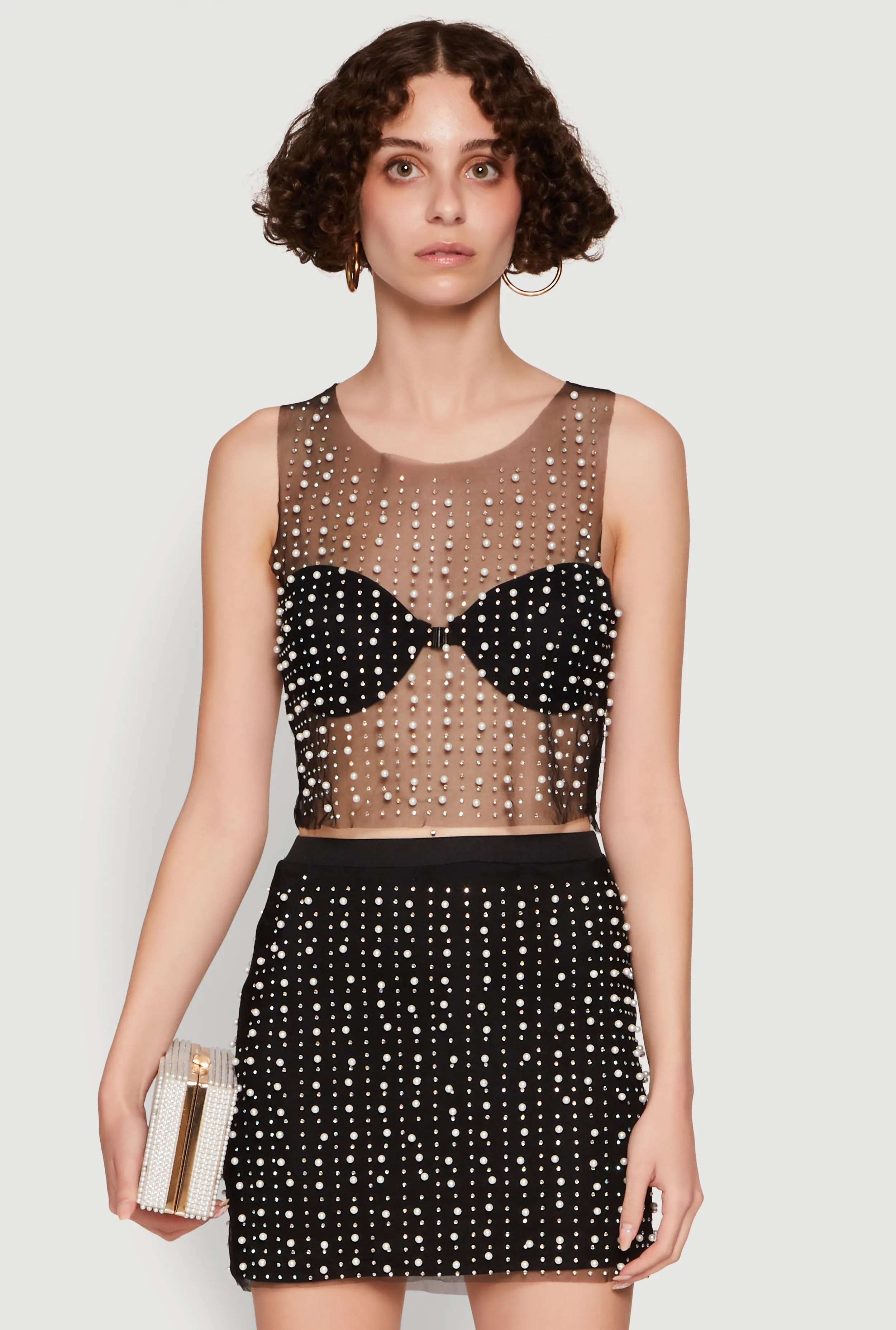 Chic Faux Pearls and Rhinestone Sleeveless Mesh Top sold by Rainbow