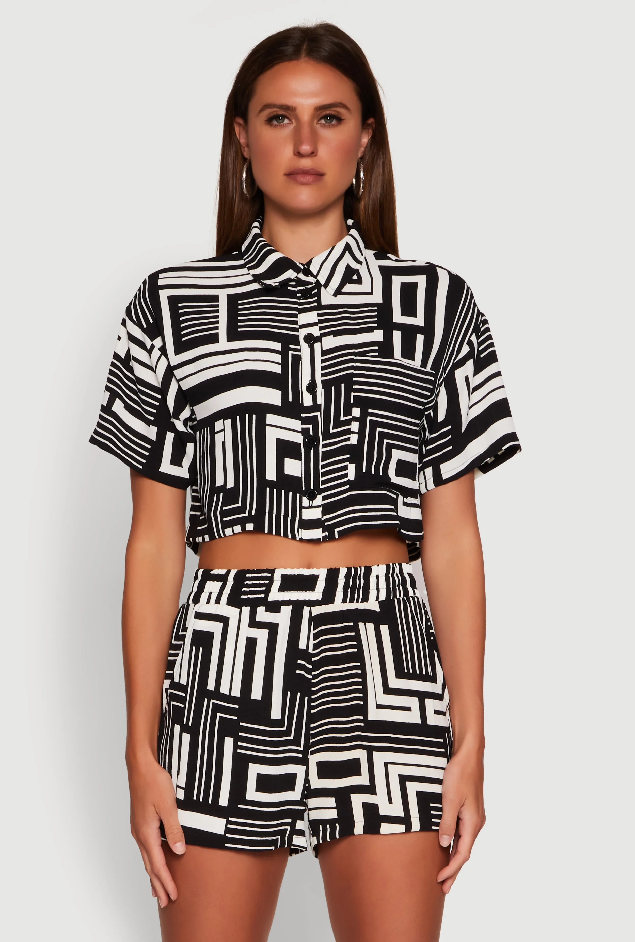Crepe Knit Geometric Print Cropped Shirt sold by Rainbow
