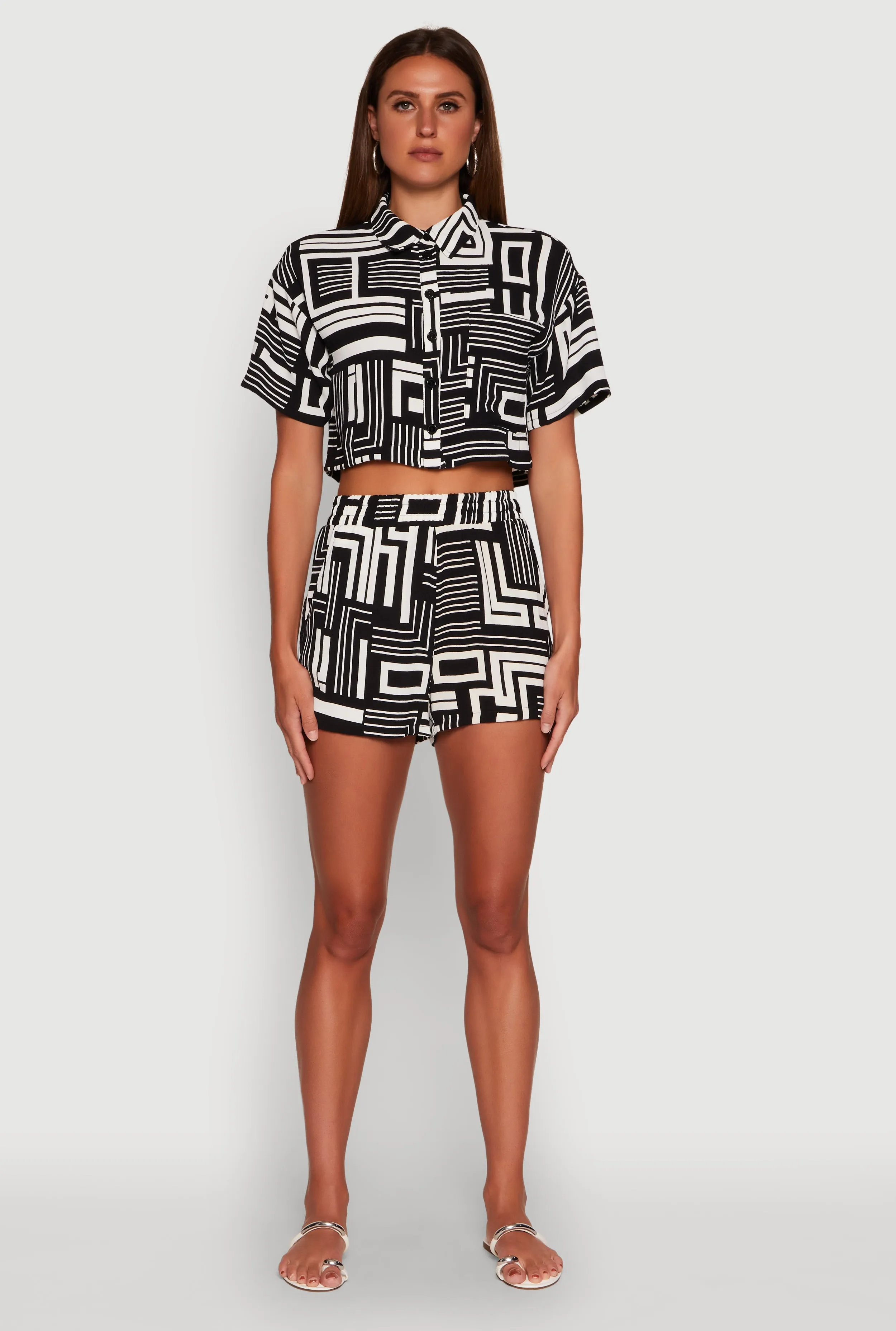 Crepe Knit Geometric Print Cropped Shirt sold by Rainbow product image thumbnail 3