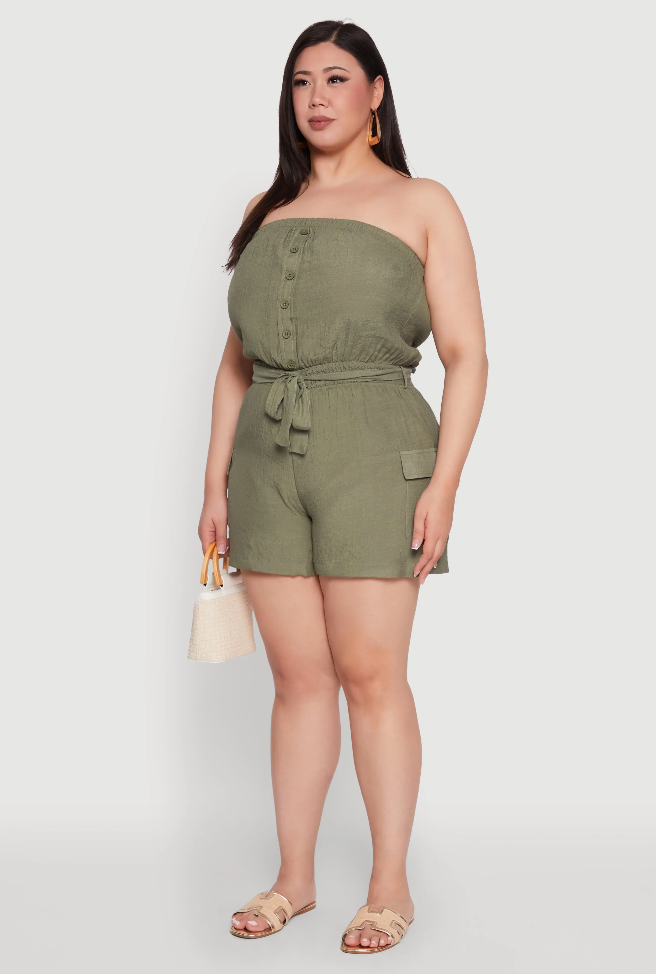 Plus Size Strapless Tie Waist Belted Romper with Faux Buttons sold by Rainbow product image thumbnail 3