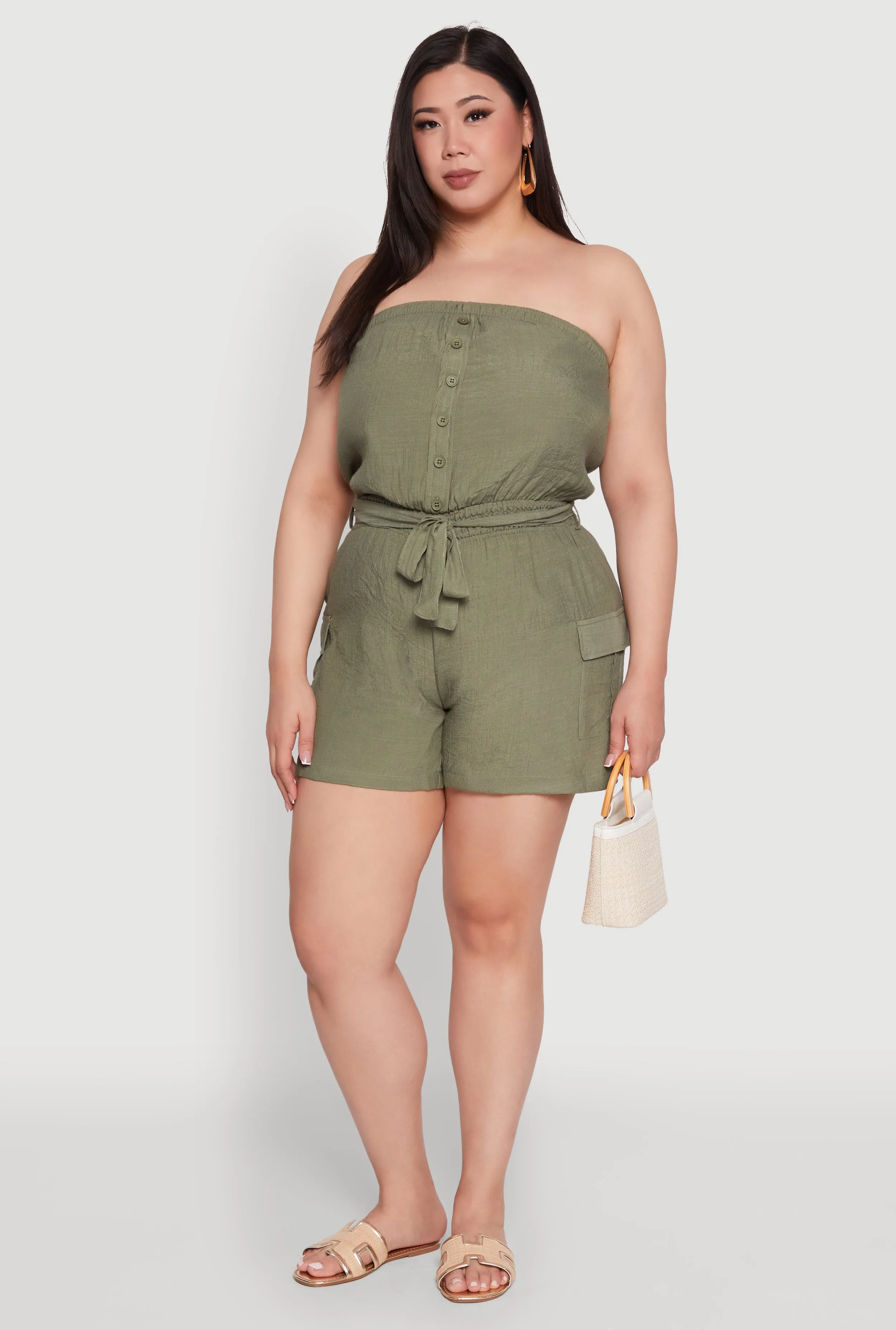 Plus Size Strapless Tie Waist Belted Romper with Faux Buttons sold by Rainbow