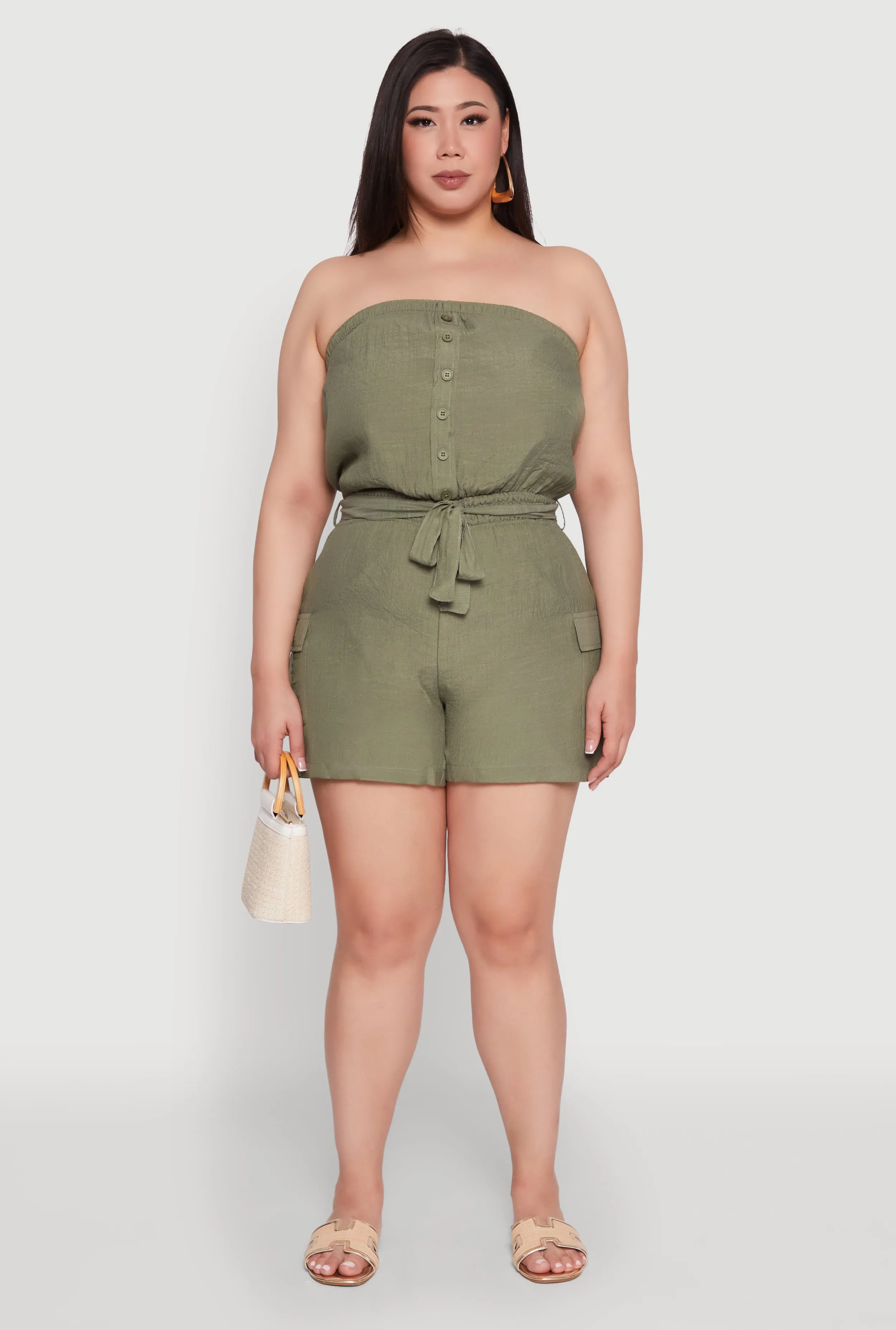 Plus Size Strapless Tie Waist Belted Romper with Faux Buttons sold by Rainbow product image thumbnail 2