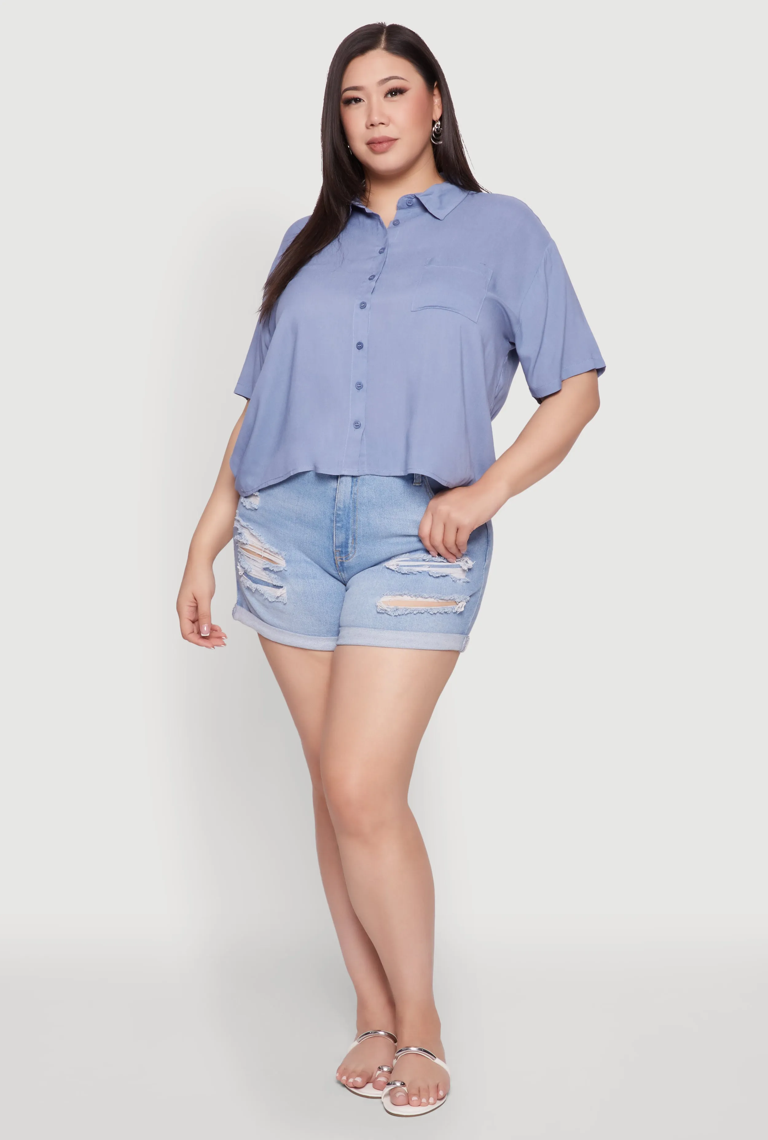 Plus Size Chic Boxy Button Front Short Sleeve Shirt sold by Rainbow
