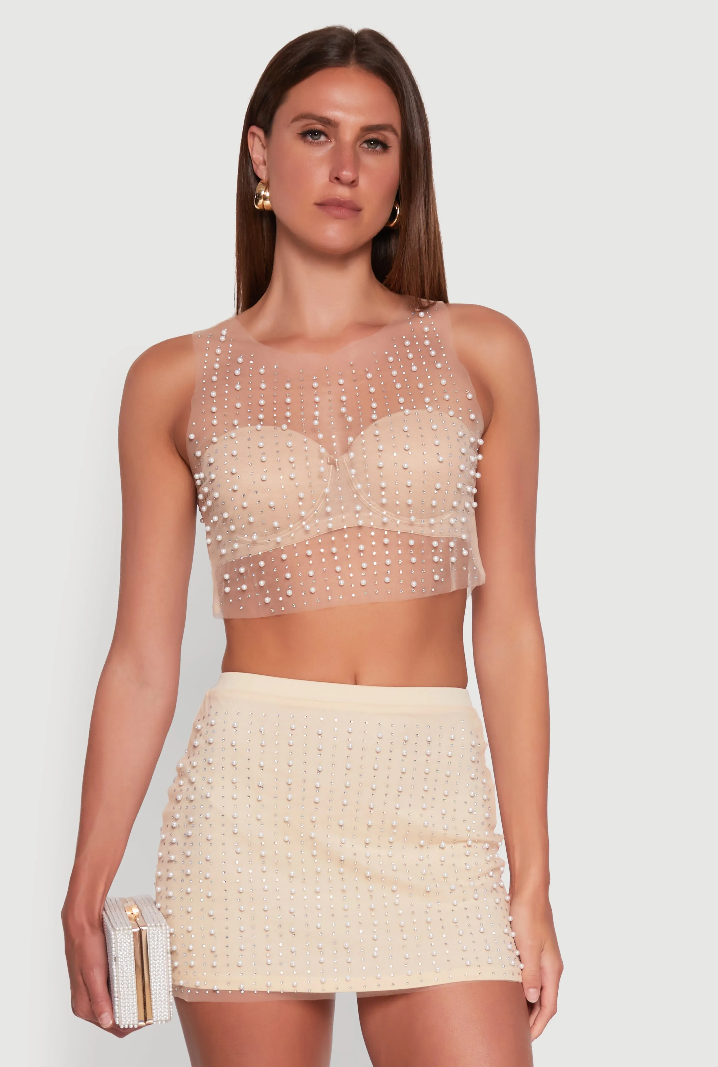 Chic Faux Pearls and Rhinestone Sleeveless Mesh Top sold by Rainbow product image thumbnail 2