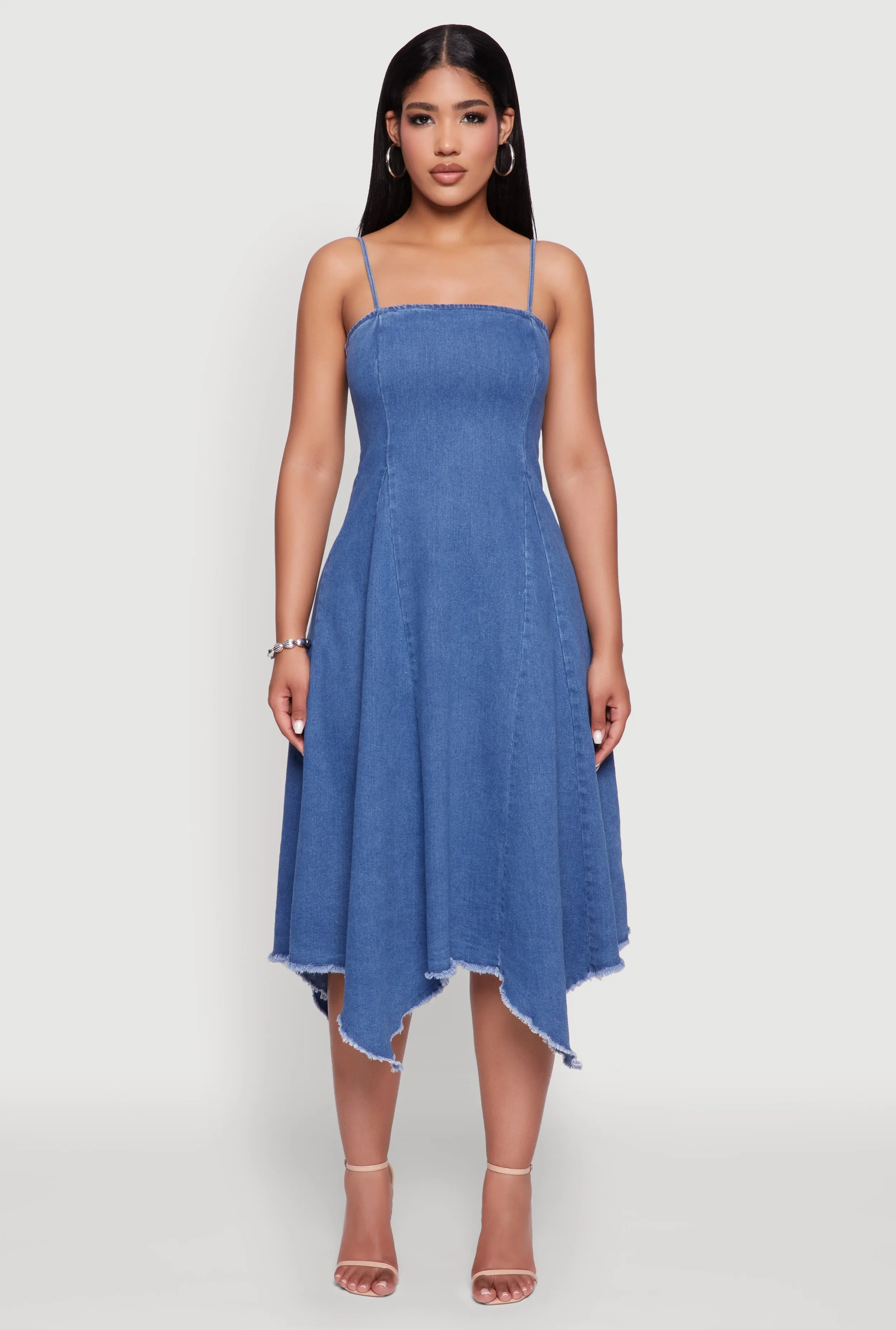 Chic Denim Dress with Square Neck and Frayed Details sold by Rainbow