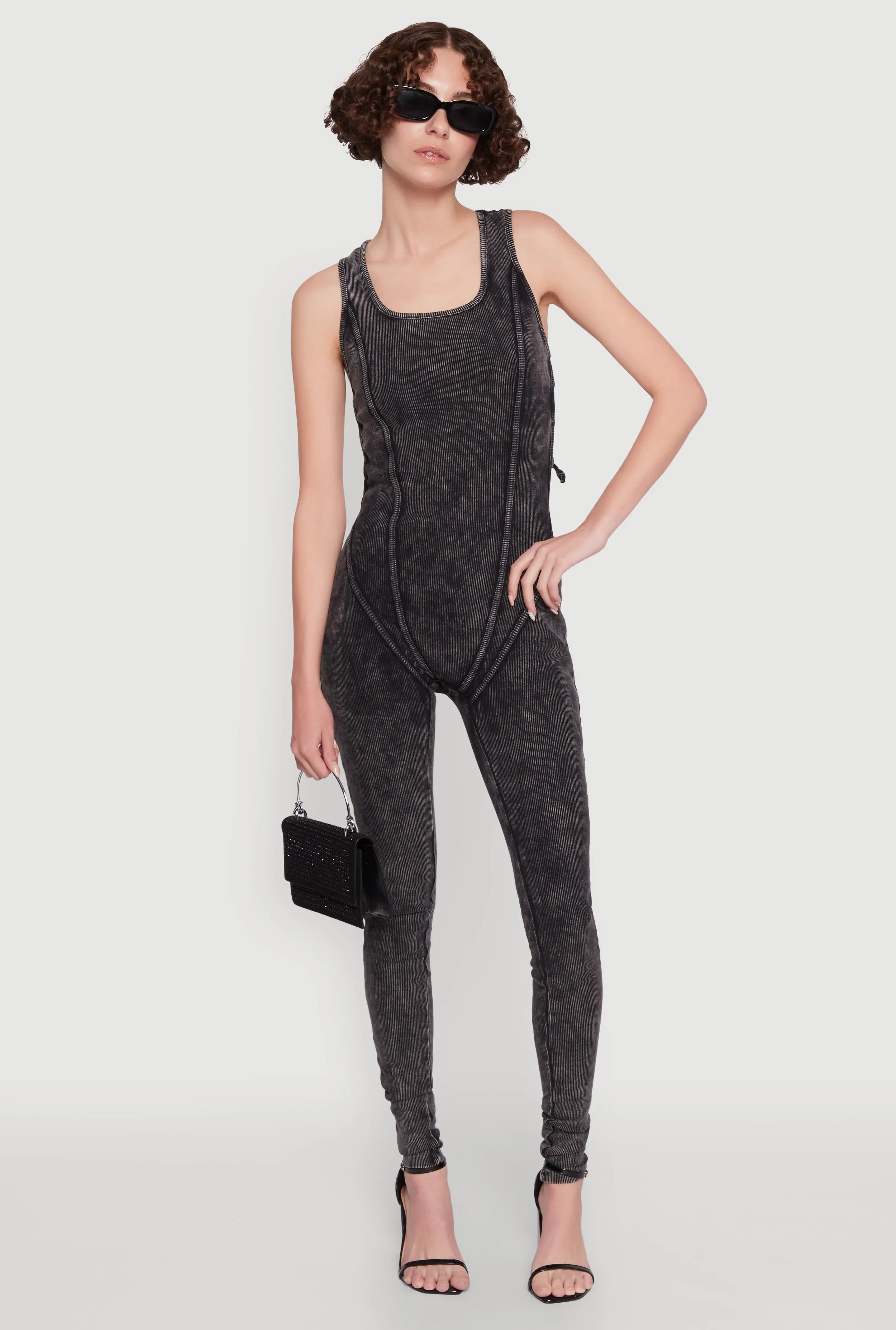 Mineral Wash Lace Up Back Pintuck Jumpsuit sold by Rainbow