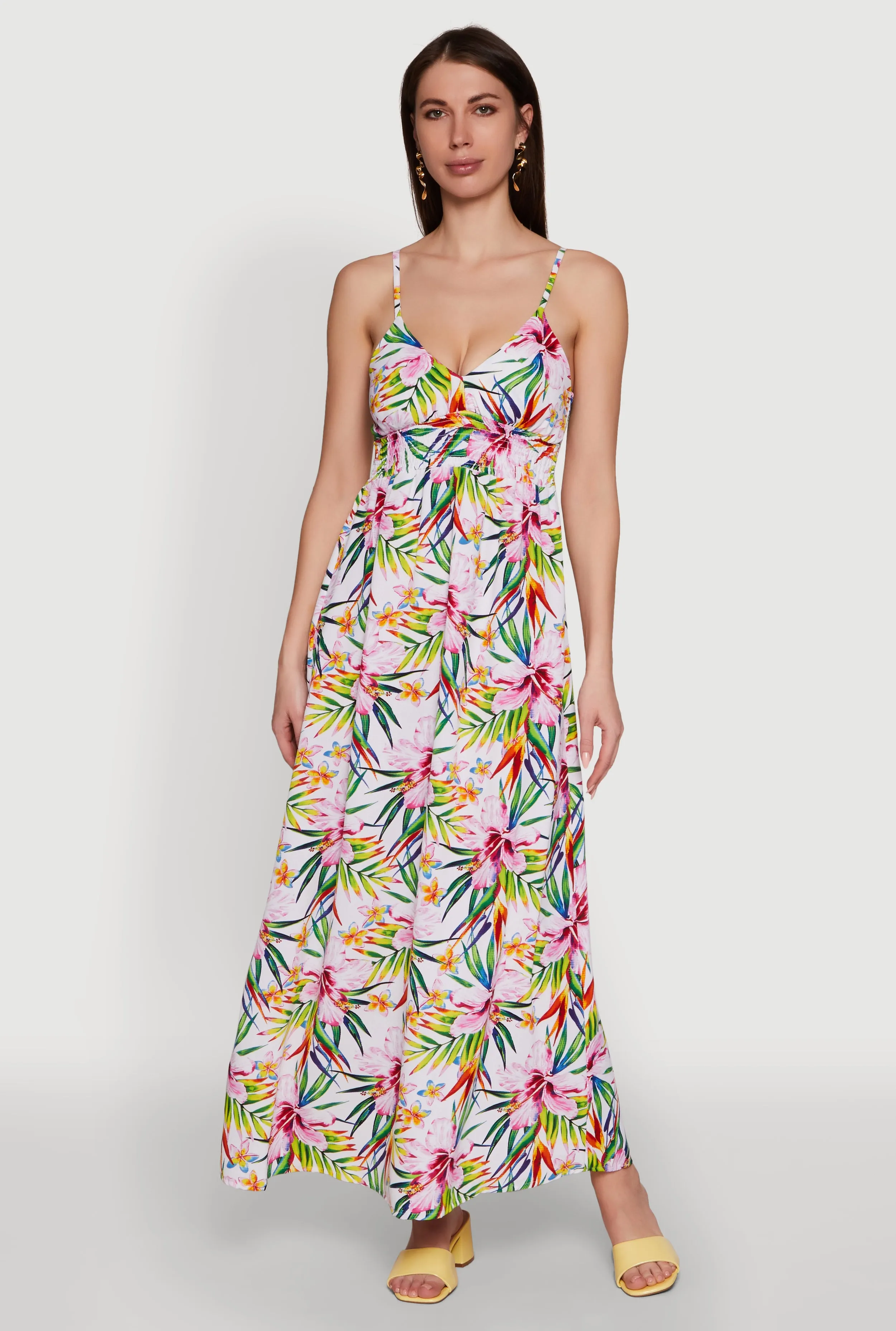 Tropical Floral Maxi Dress with V Neck and Smocked Details sold by Rainbow