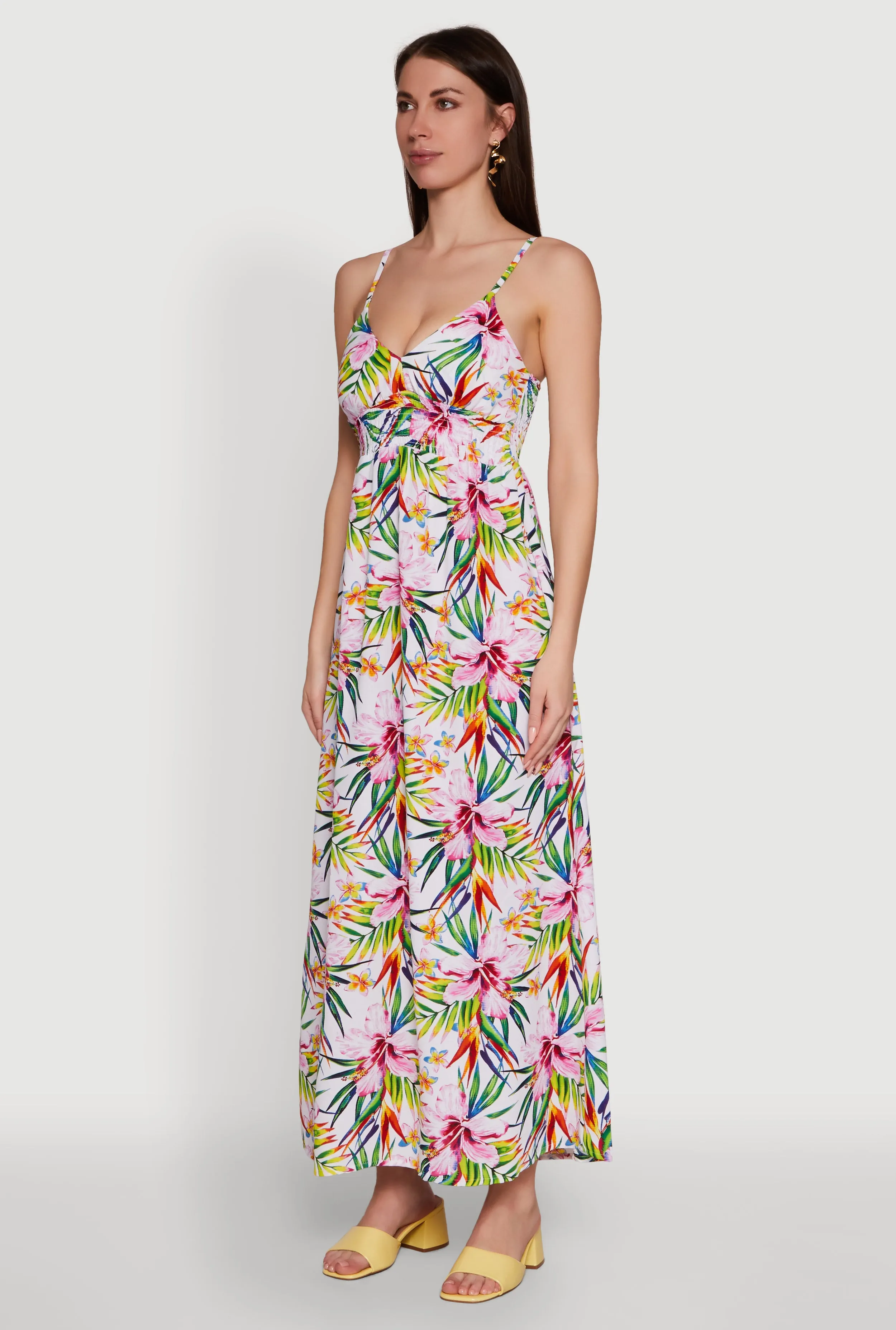 Tropical Floral Maxi Dress with V Neck and Smocked Details sold by Rainbow product image thumbnail 3