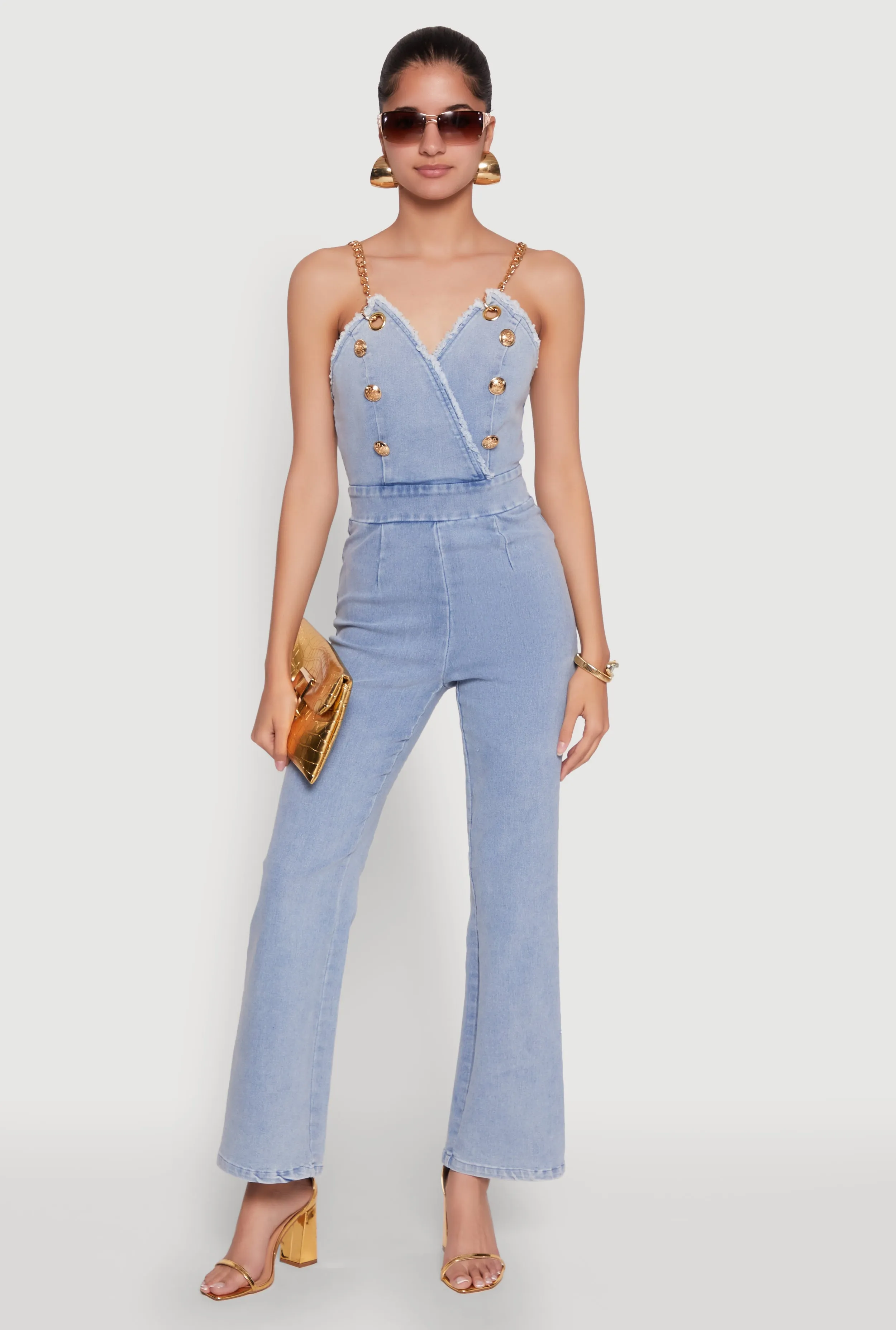 Stylish Denim Sleeveless V Neck Jumpsuit with Flared Leg sold by Rainbow
