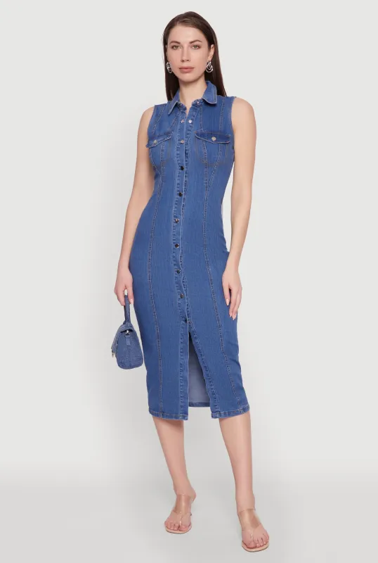 Haute Monde Denim Sleeveless Shirt Collar Dress sold by Rainbow