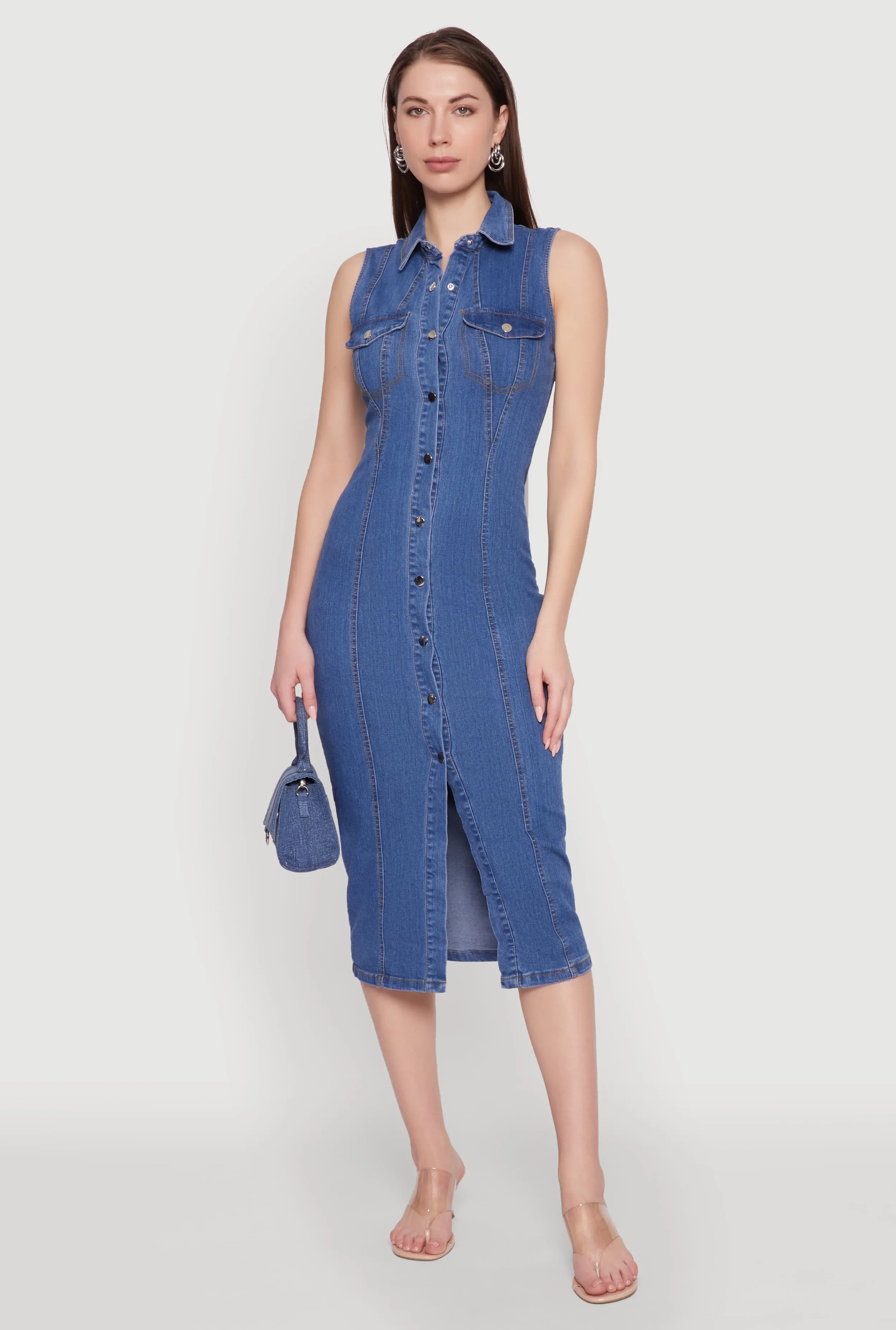 Haute Monde Denim Sleeveless Shirt Collar Dress sold by Rainbow