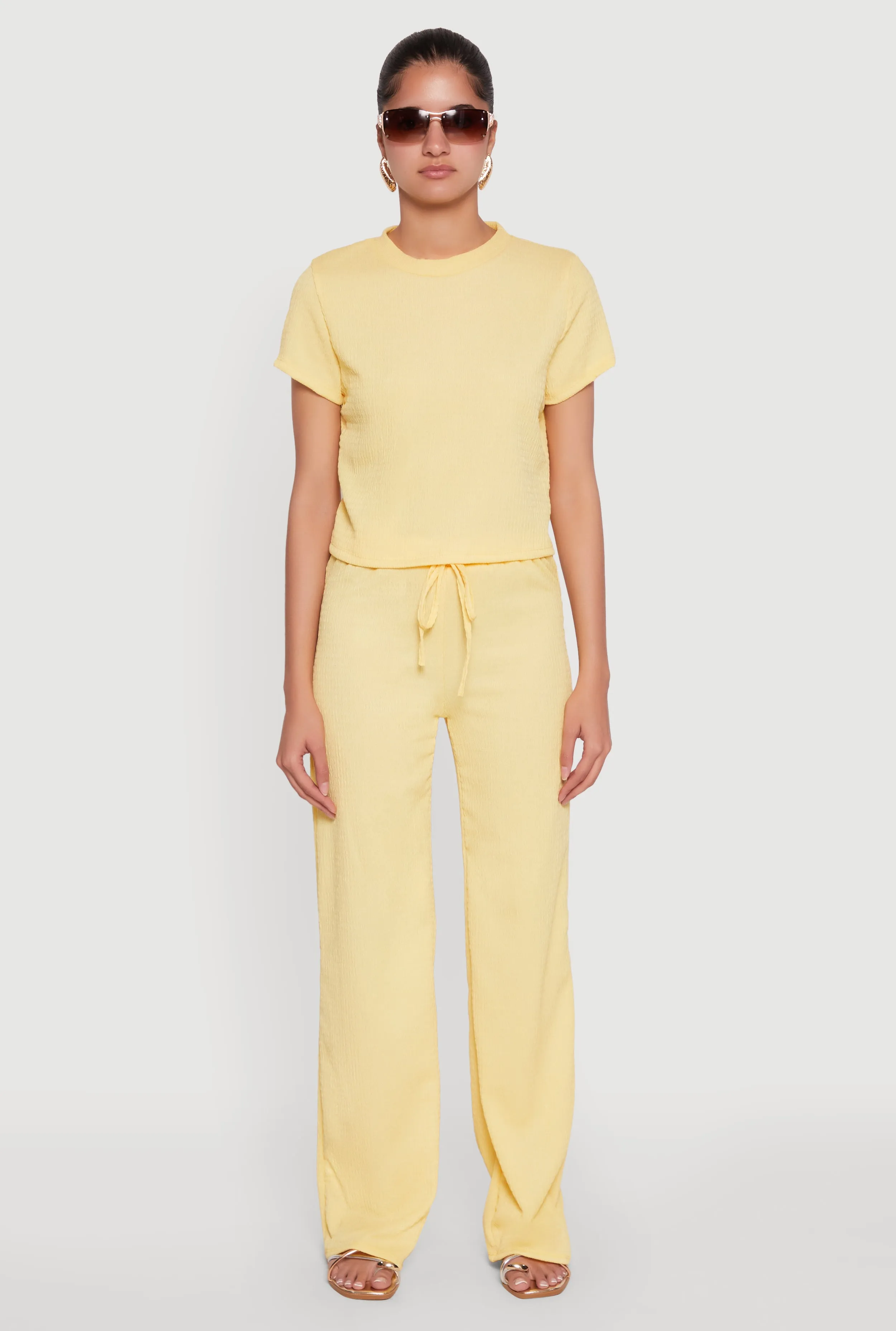 Casual Textured Knit Straight Leg Pants with Faux Drawstring sold by Rainbow