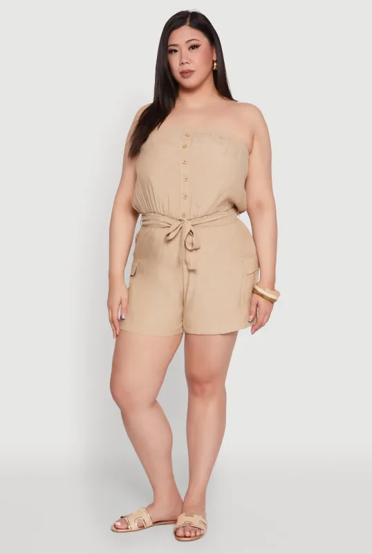 Plus Size Strapless Tie Waist Belted Romper with Faux Buttons sold by Rainbow