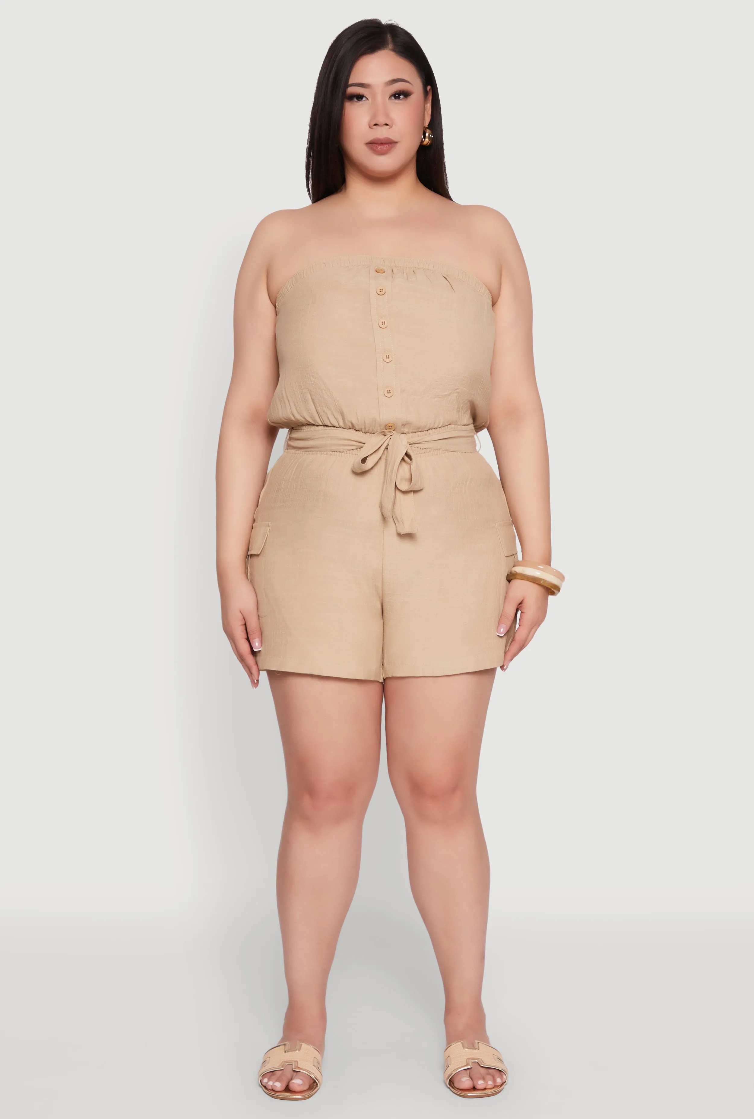 Plus Size Strapless Tie Waist Belted Romper with Faux Buttons sold by Rainbow product image thumbnail 2