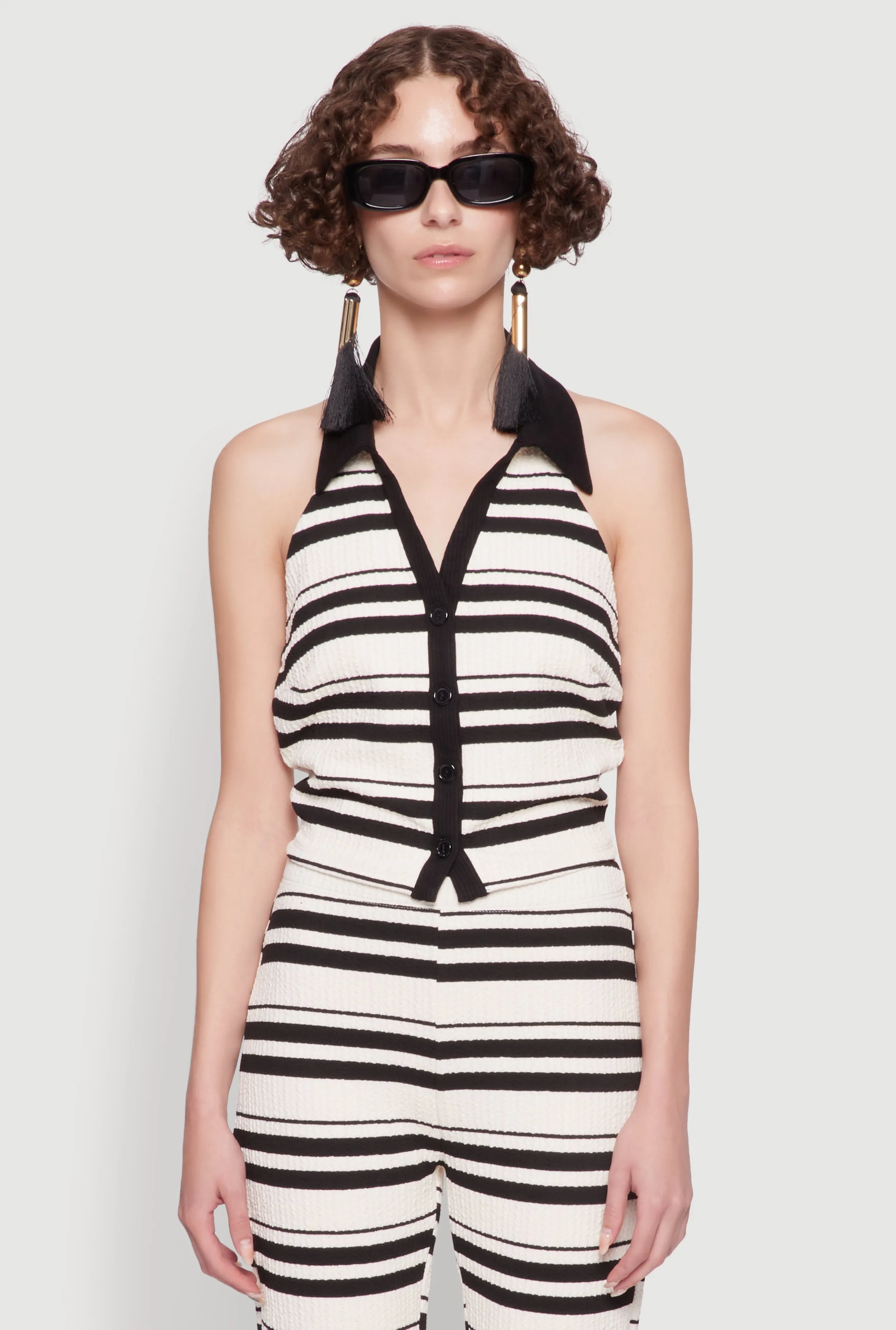 Textured Knit Striped Cropped Halter Top sold by Rainbow