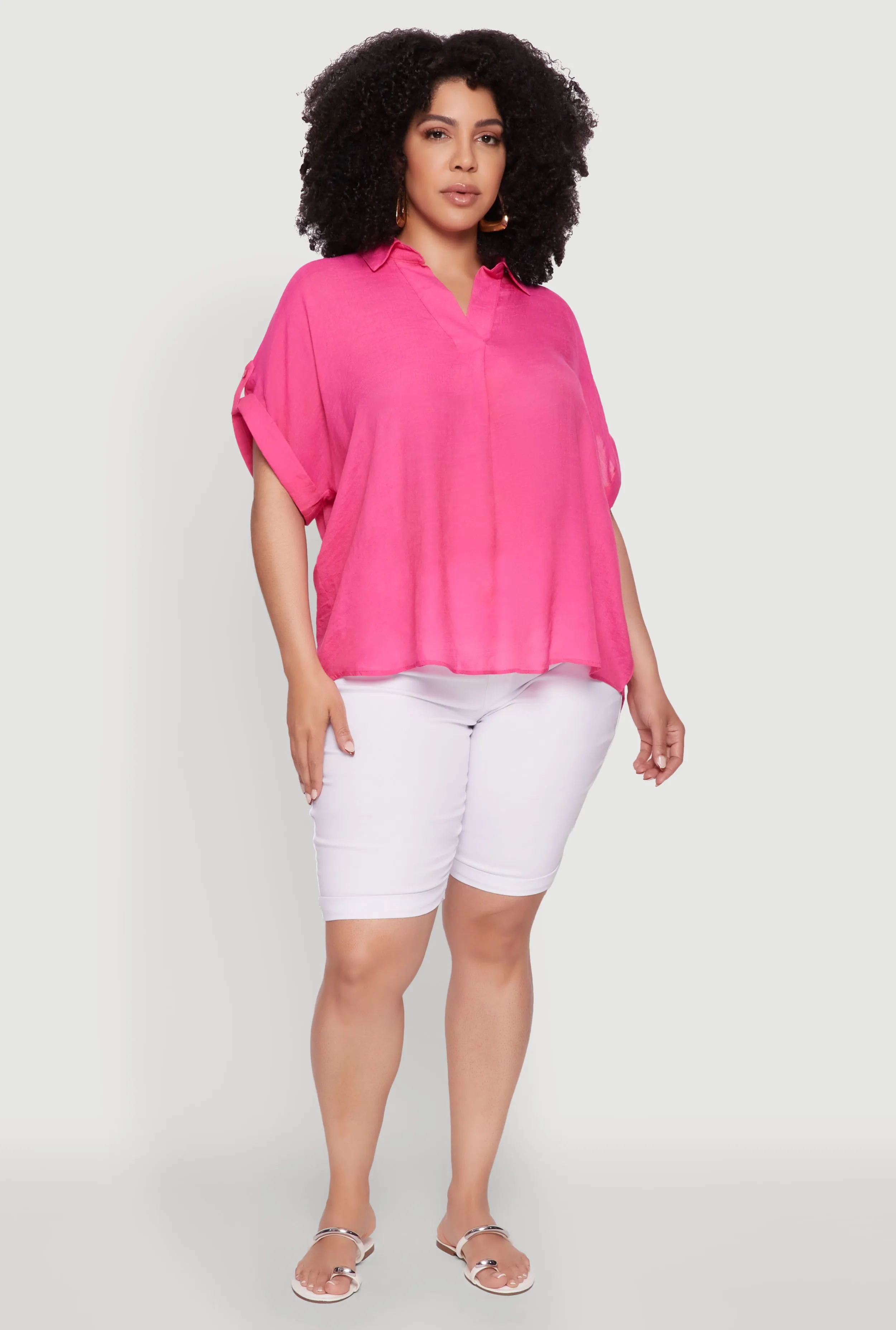Plus Size Gauze Knit Button Front Short Sleeve Shirt sold by Rainbow