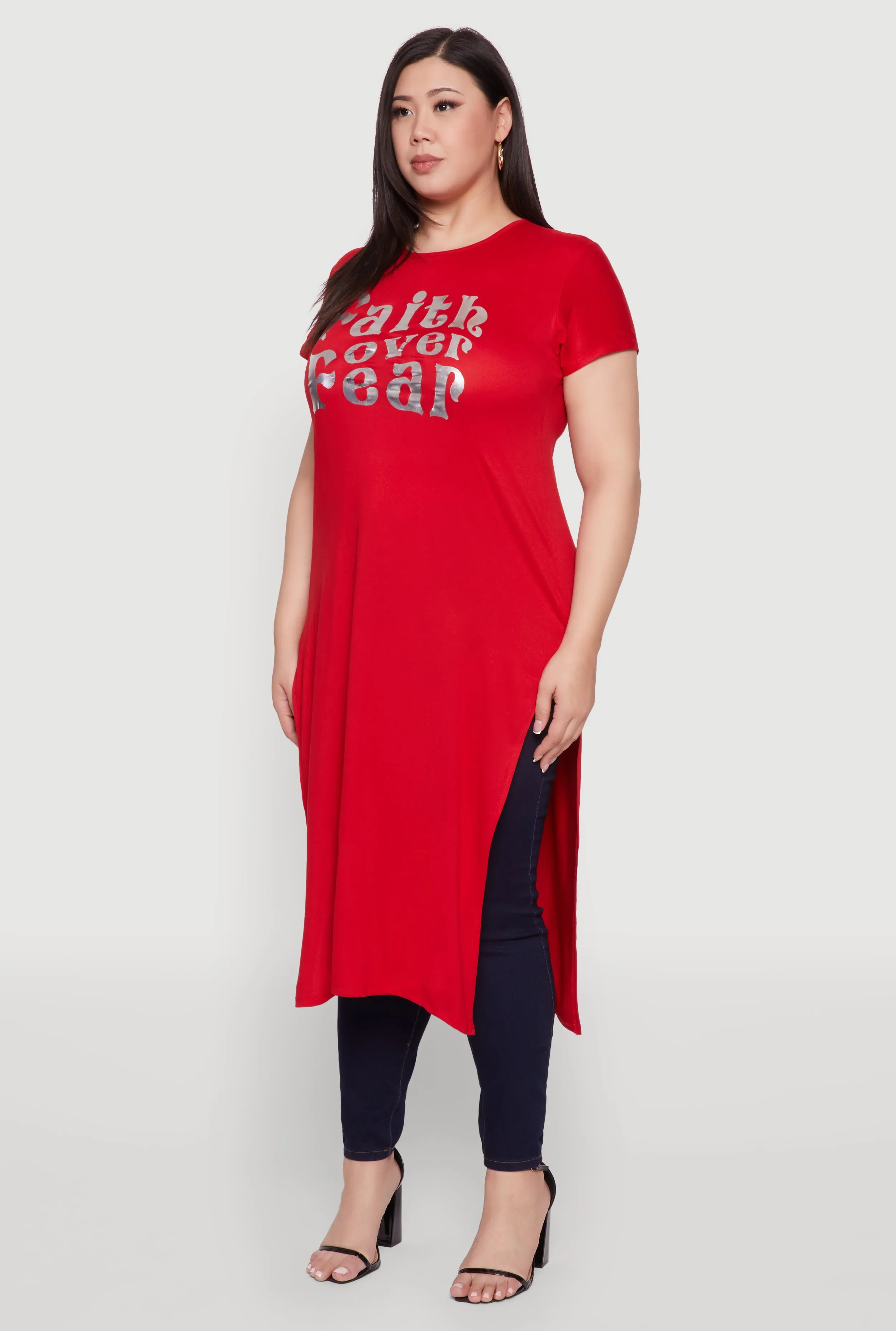 Plus Size Side Slit Faith Over Fear Foil Graphic Maxi Tee sold by Rainbow product image thumbnail 3