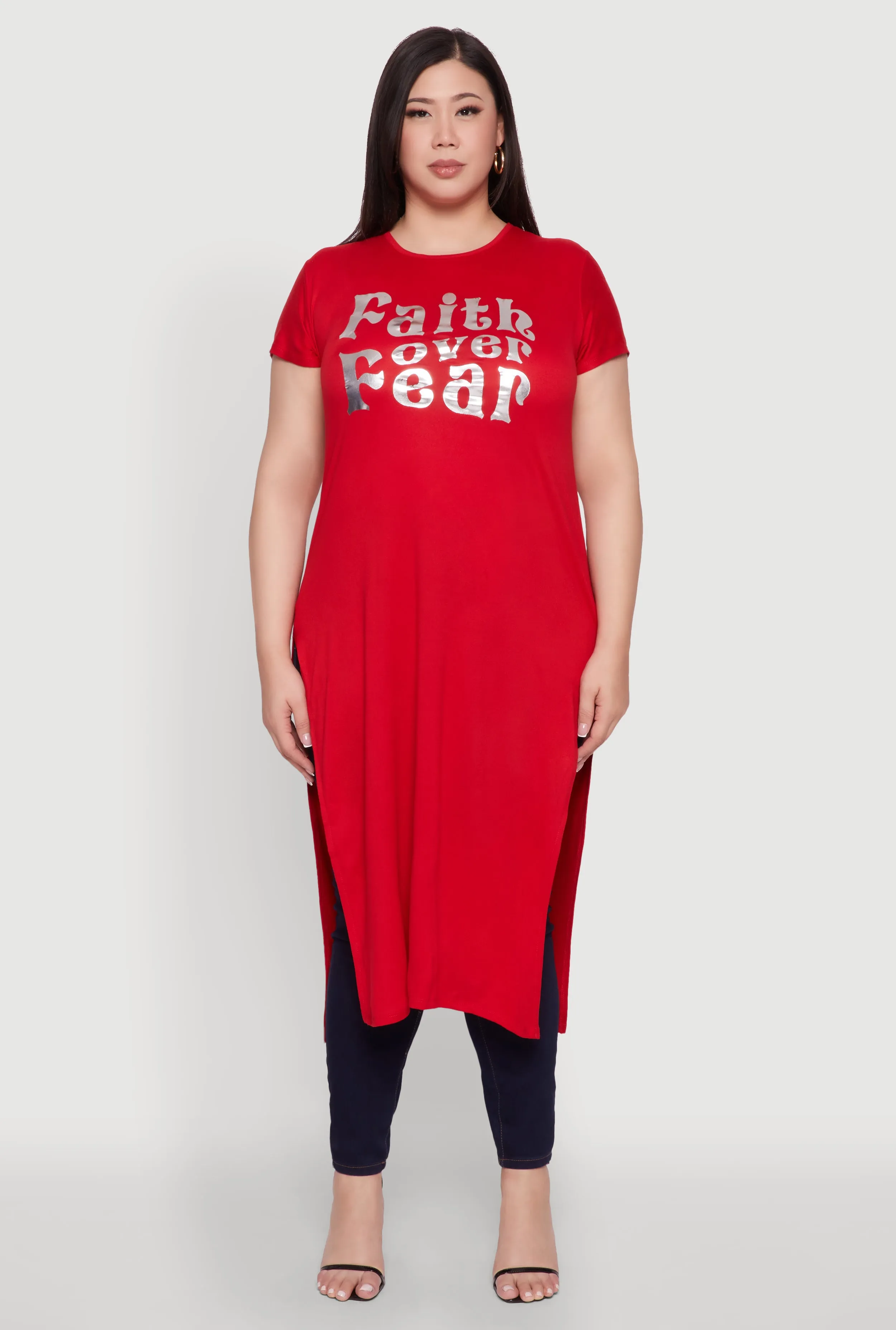 Plus Size Side Slit Faith Over Fear Foil Graphic Maxi Tee sold by Rainbow product image thumbnail 2