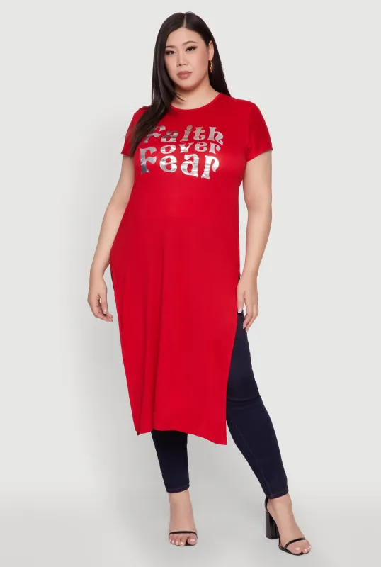 Plus Size Side Slit Faith Over Fear Foil Graphic Maxi Tee sold by Rainbow