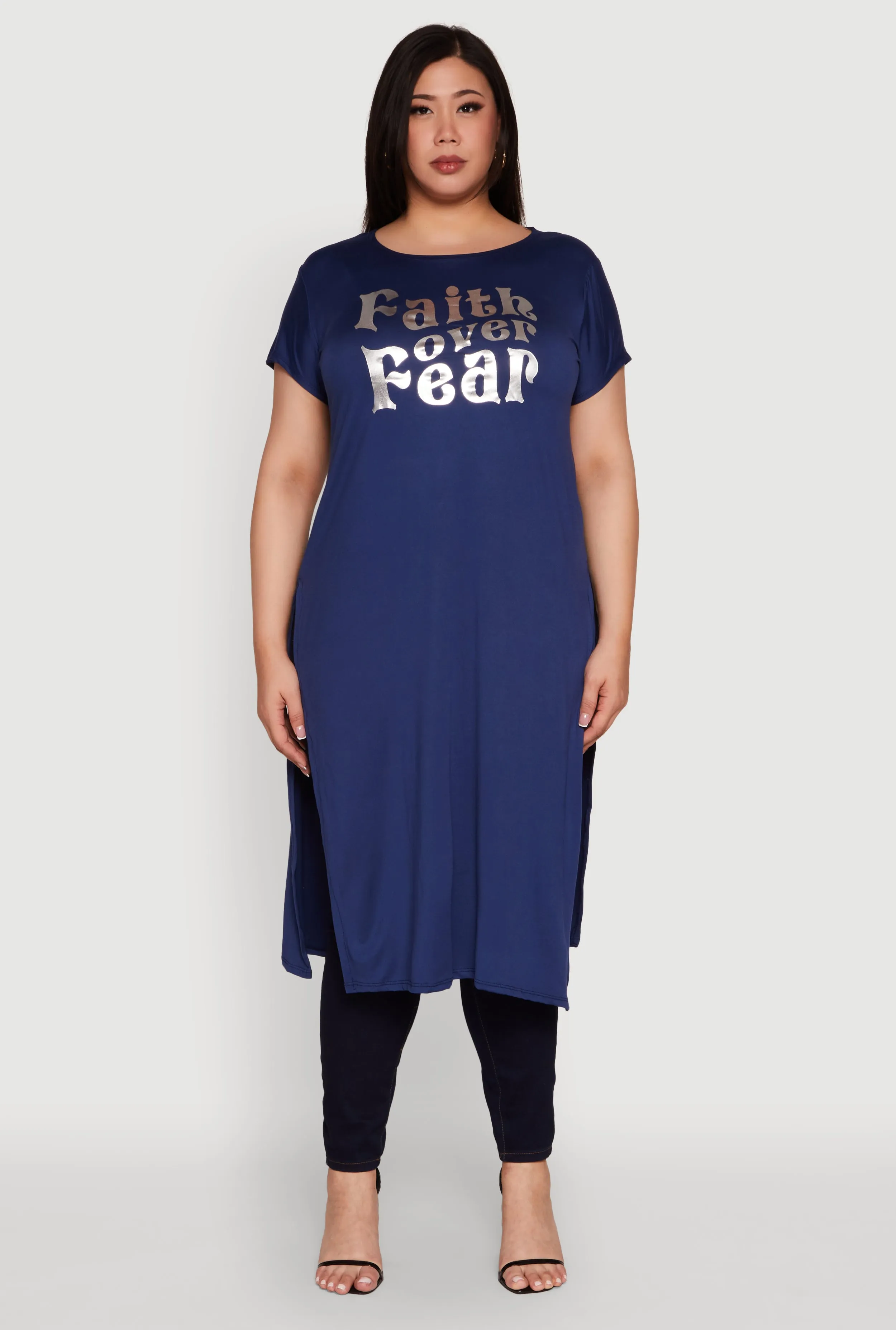 Plus Size Side Slit Faith Over Fear Foil Graphic Maxi Tee sold by Rainbow