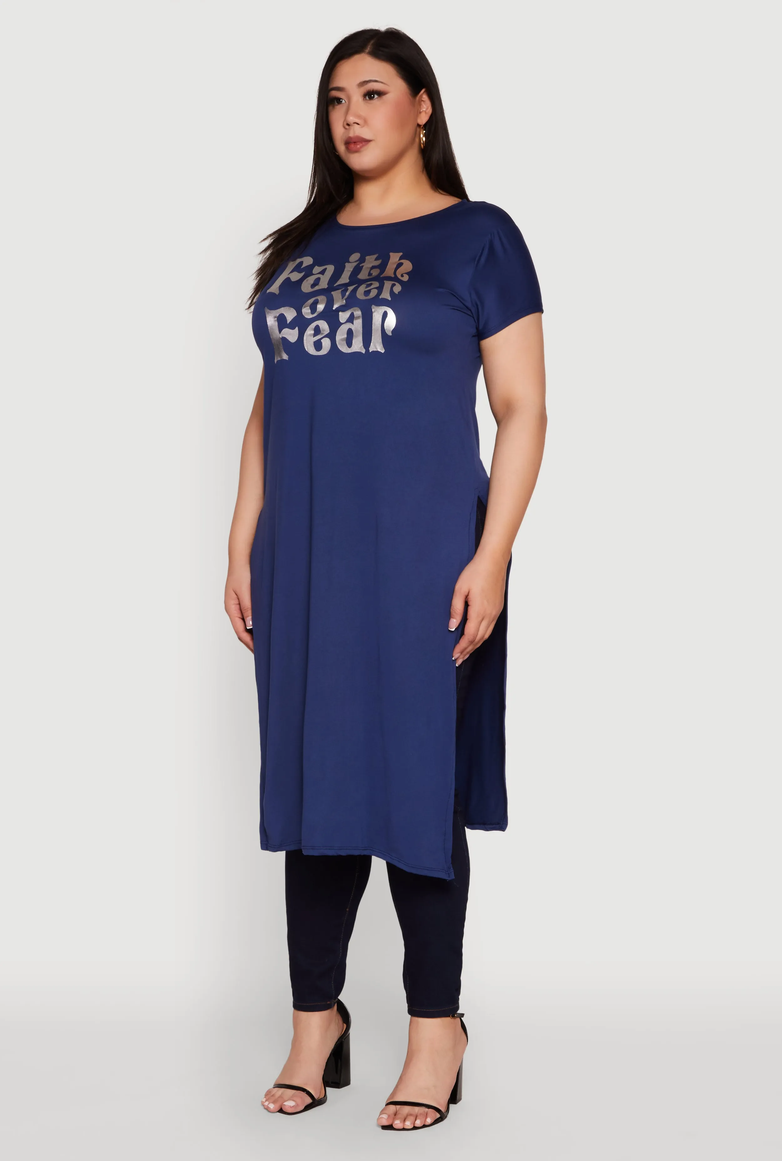 Plus Size Side Slit Faith Over Fear Foil Graphic Maxi Tee sold by Rainbow product image thumbnail 3