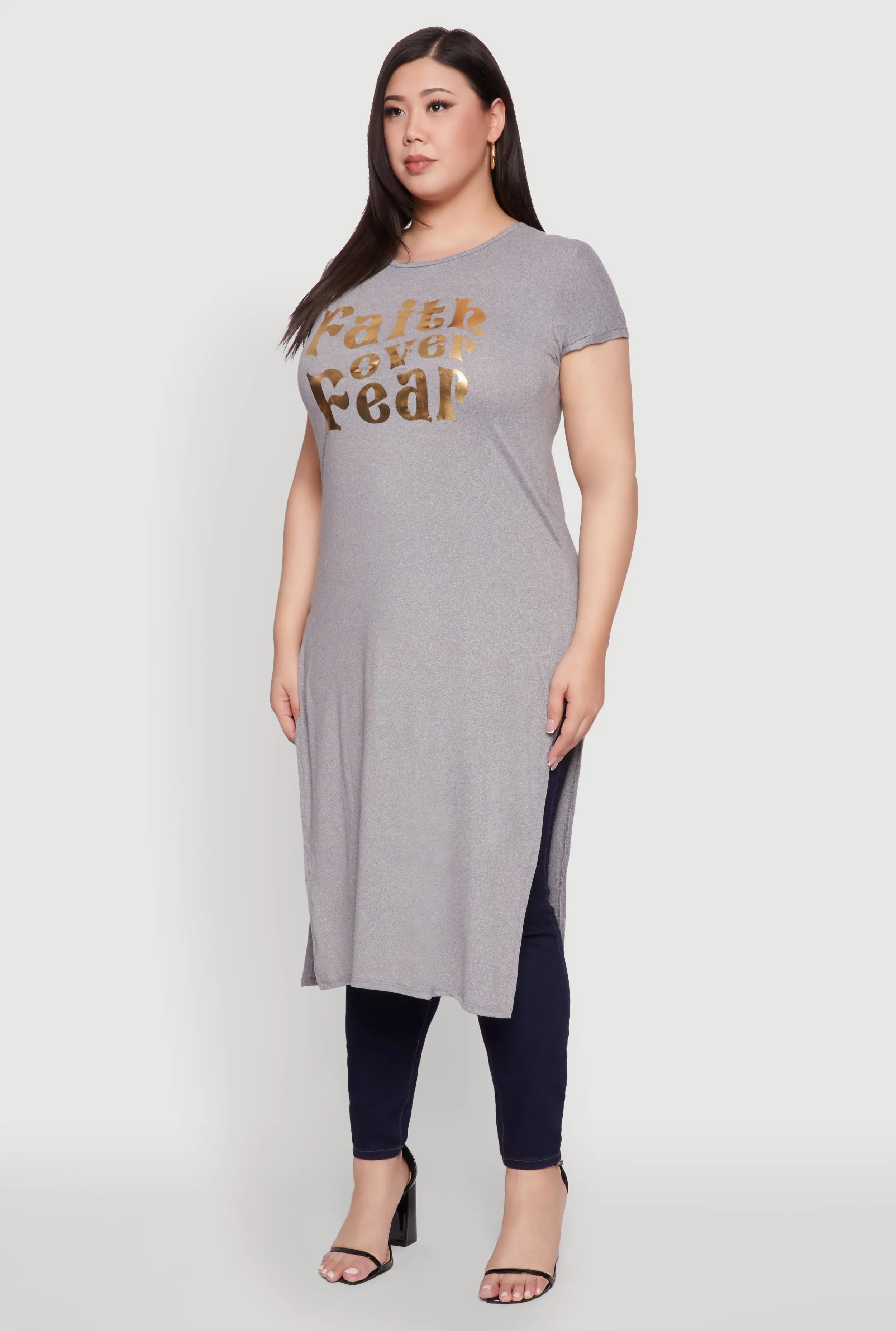 Plus Size Side Slit Faith Over Fear Foil Graphic Maxi Tee sold by Rainbow product image thumbnail 3