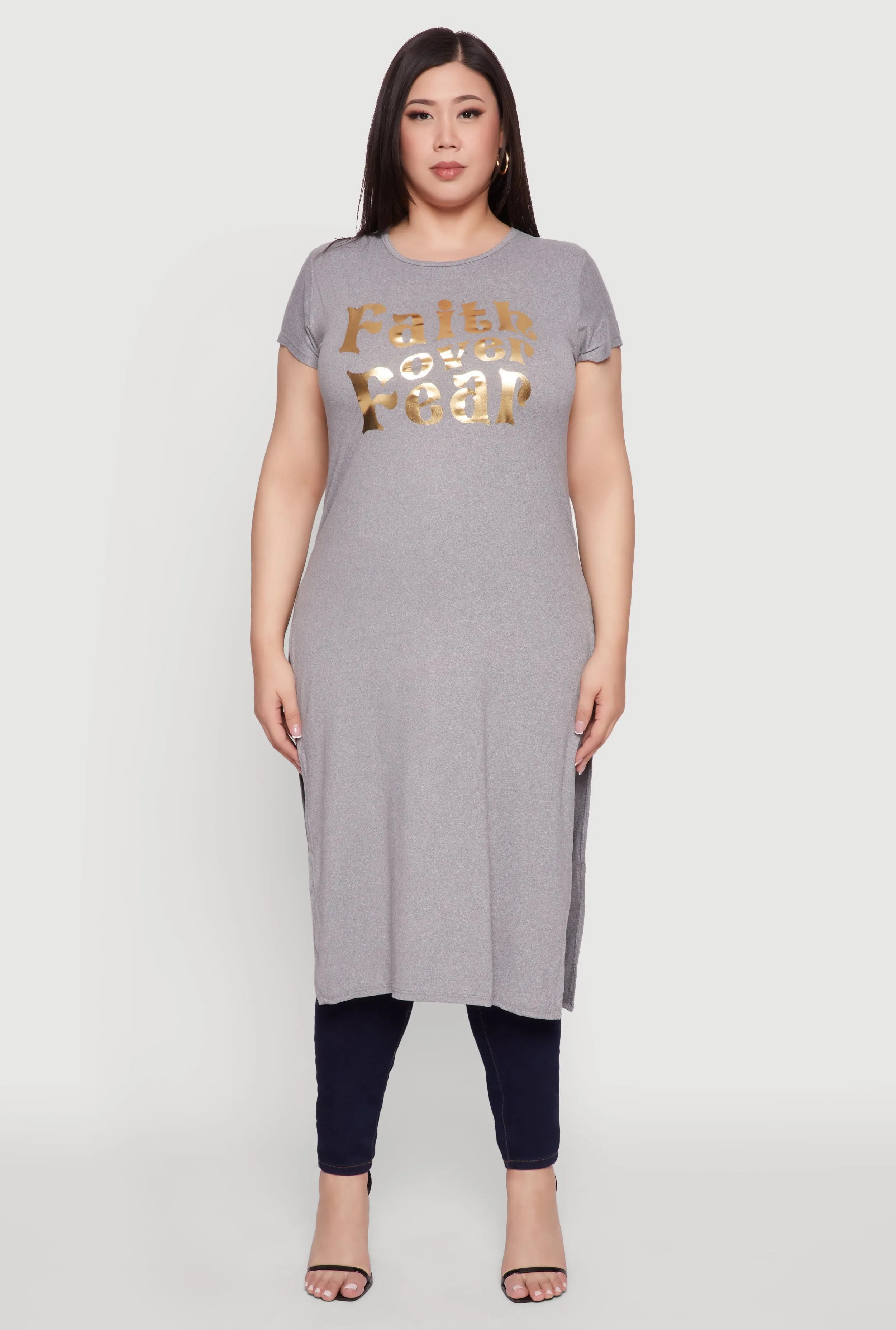 Plus Size Side Slit Faith Over Fear Foil Graphic Maxi Tee sold by Rainbow product image thumbnail 2
