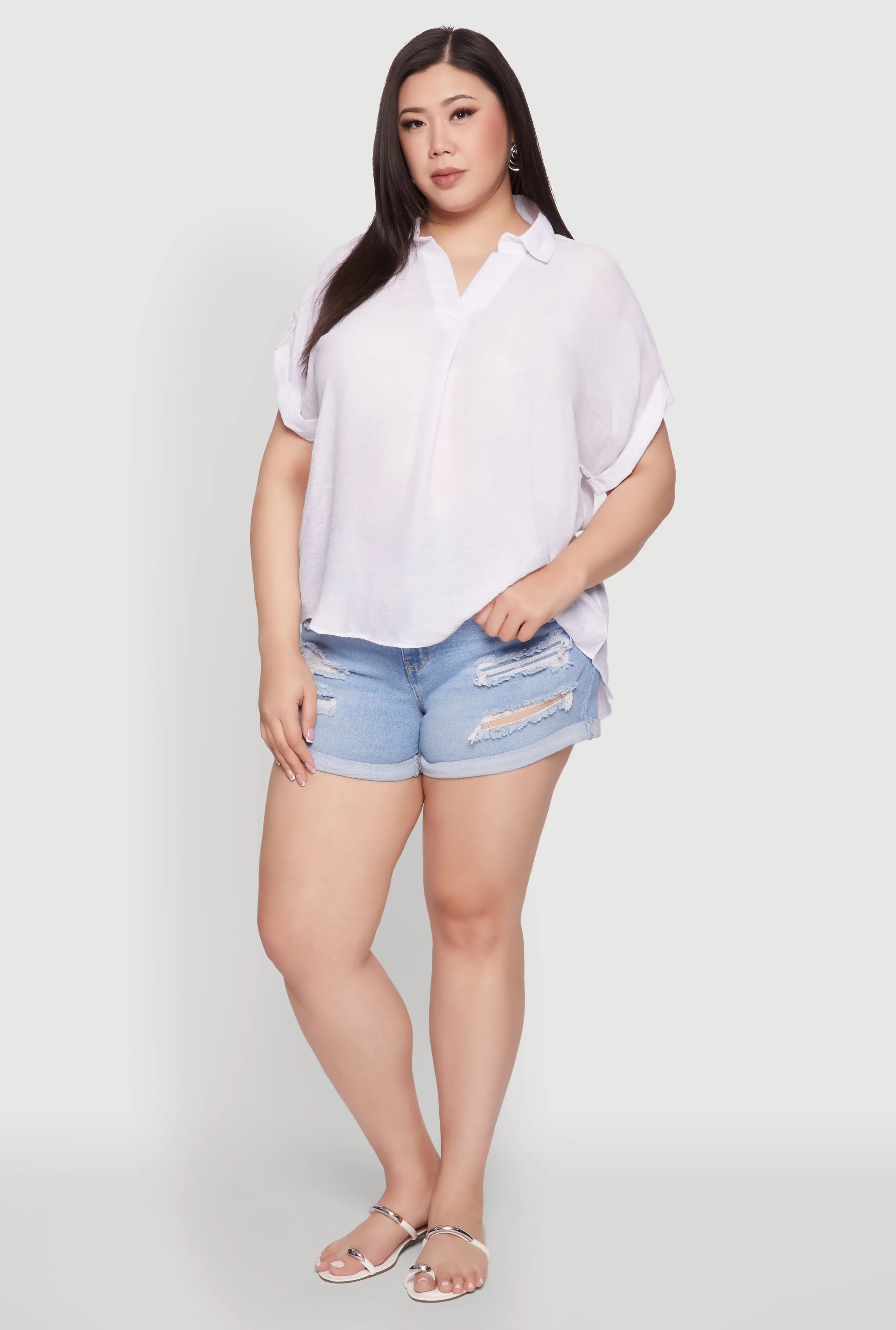 Plus Size Gauze Knit Button Front Short Sleeve Shirt sold by Rainbow