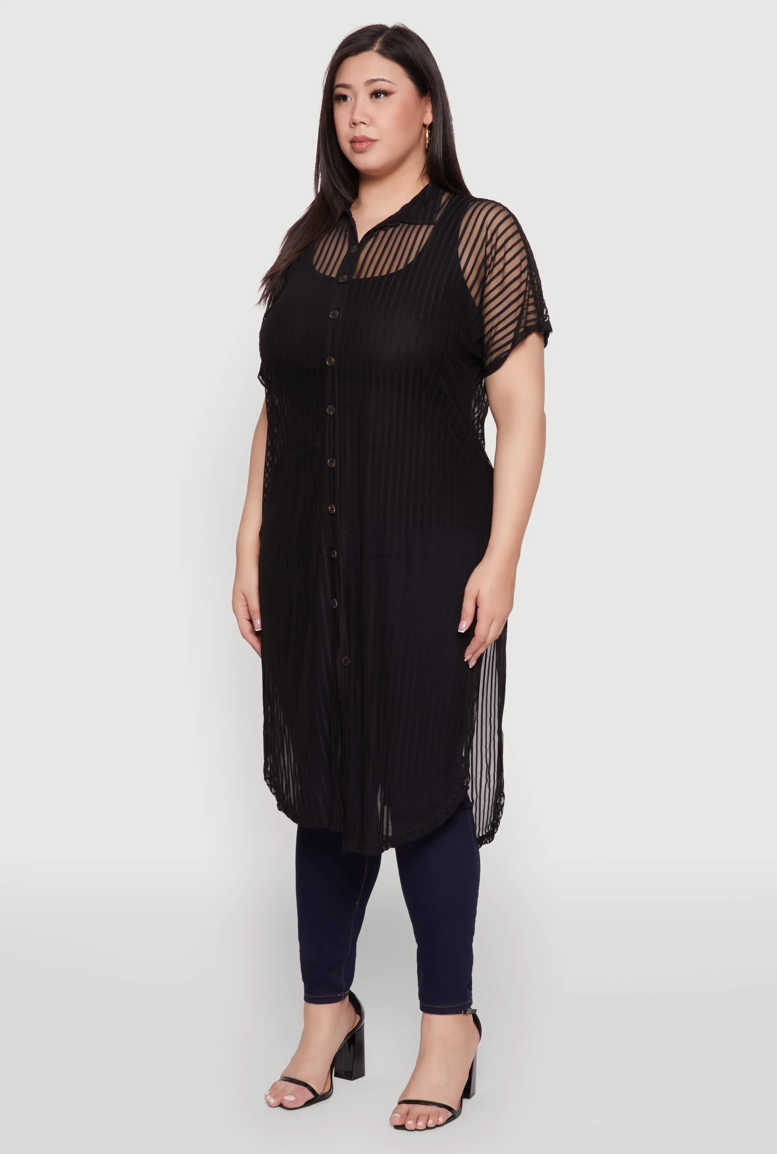 Plus Size Mesh Button Front Side Slit Shirt sold by Rainbow product image thumbnail 3