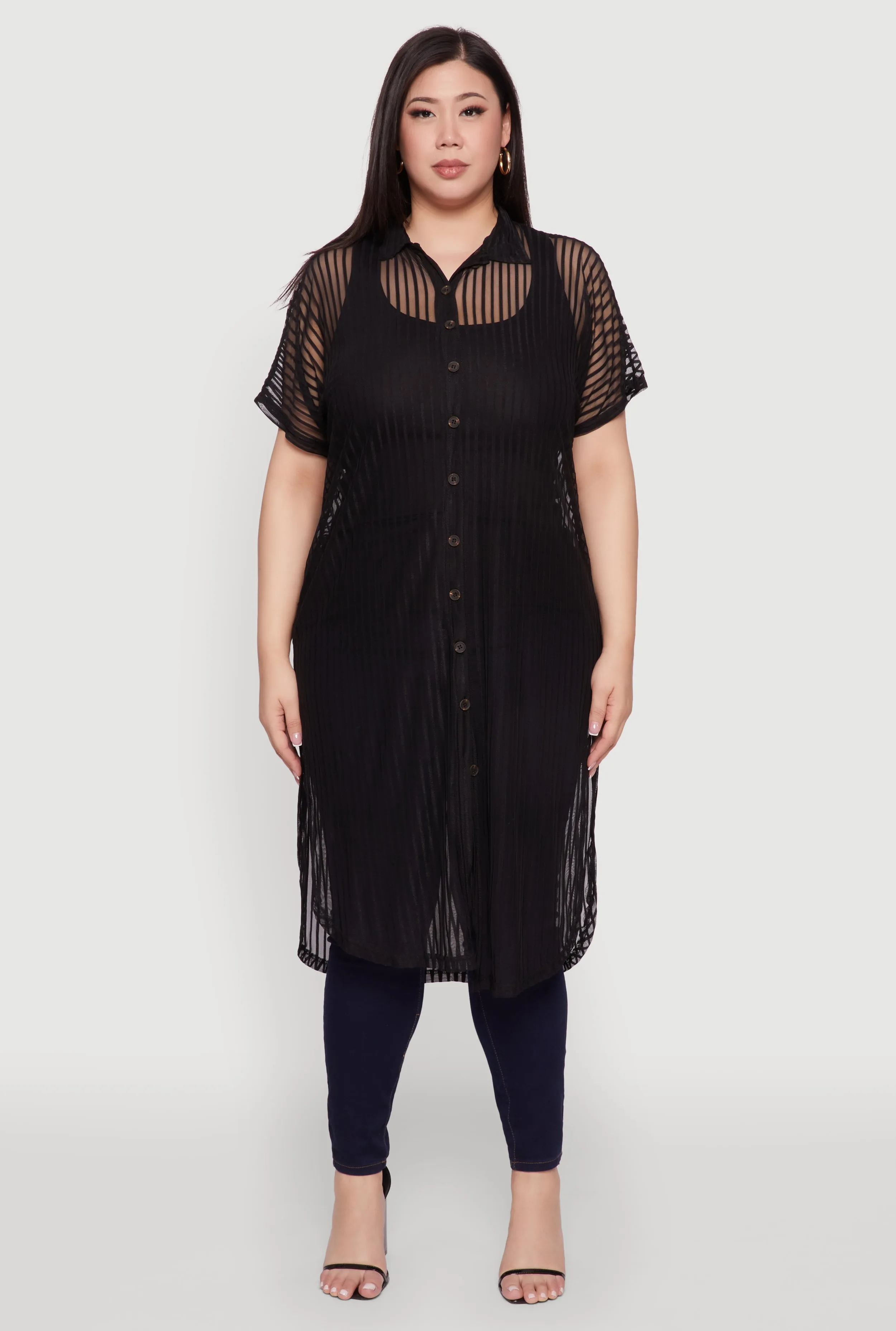 Plus Size Mesh Button Front Side Slit Shirt sold by Rainbow product image thumbnail 2