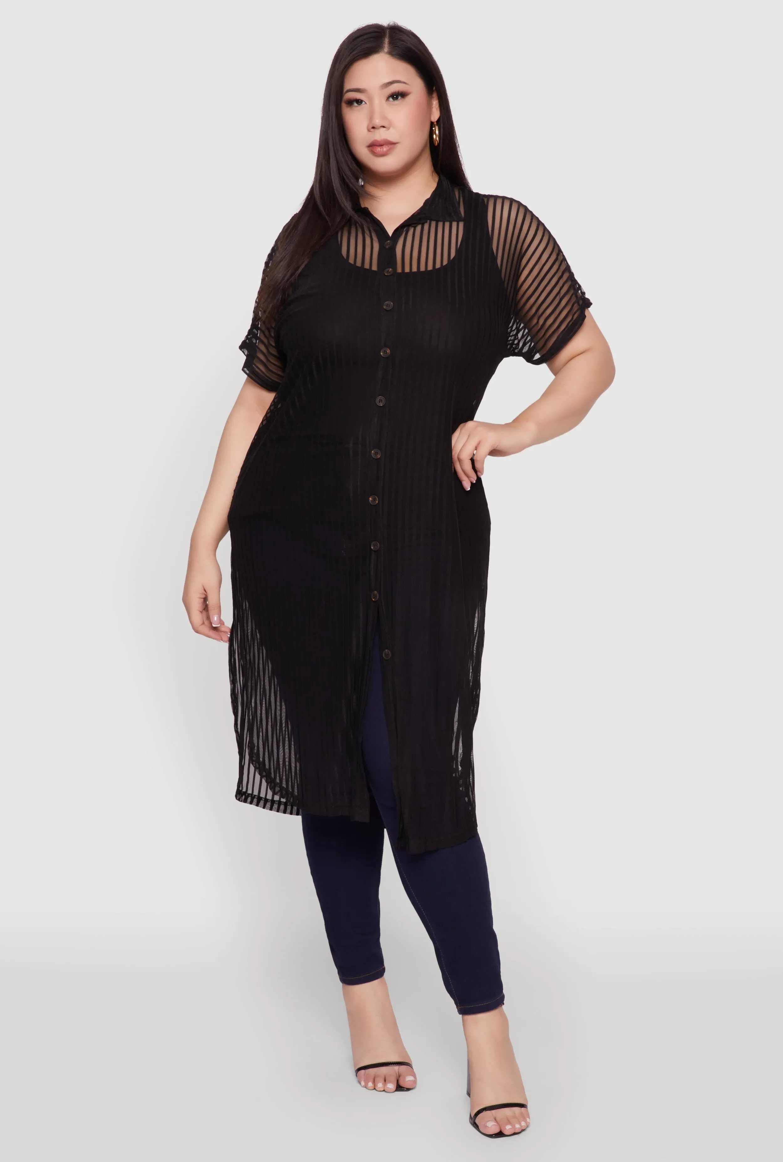 Plus Size Mesh Button Front Side Slit Shirt sold by Rainbow