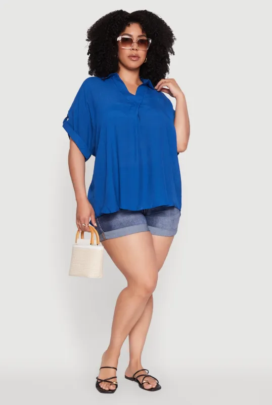 Plus Size Gauze Knit Button Front Short Sleeve Shirt sold by Rainbow