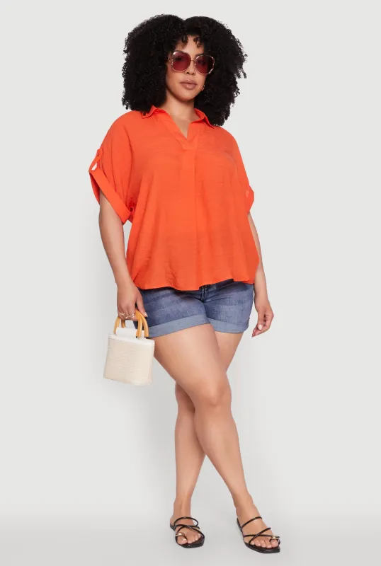 Plus Size Gauze Knit Button Front Short Sleeve Shirt sold by Rainbow
