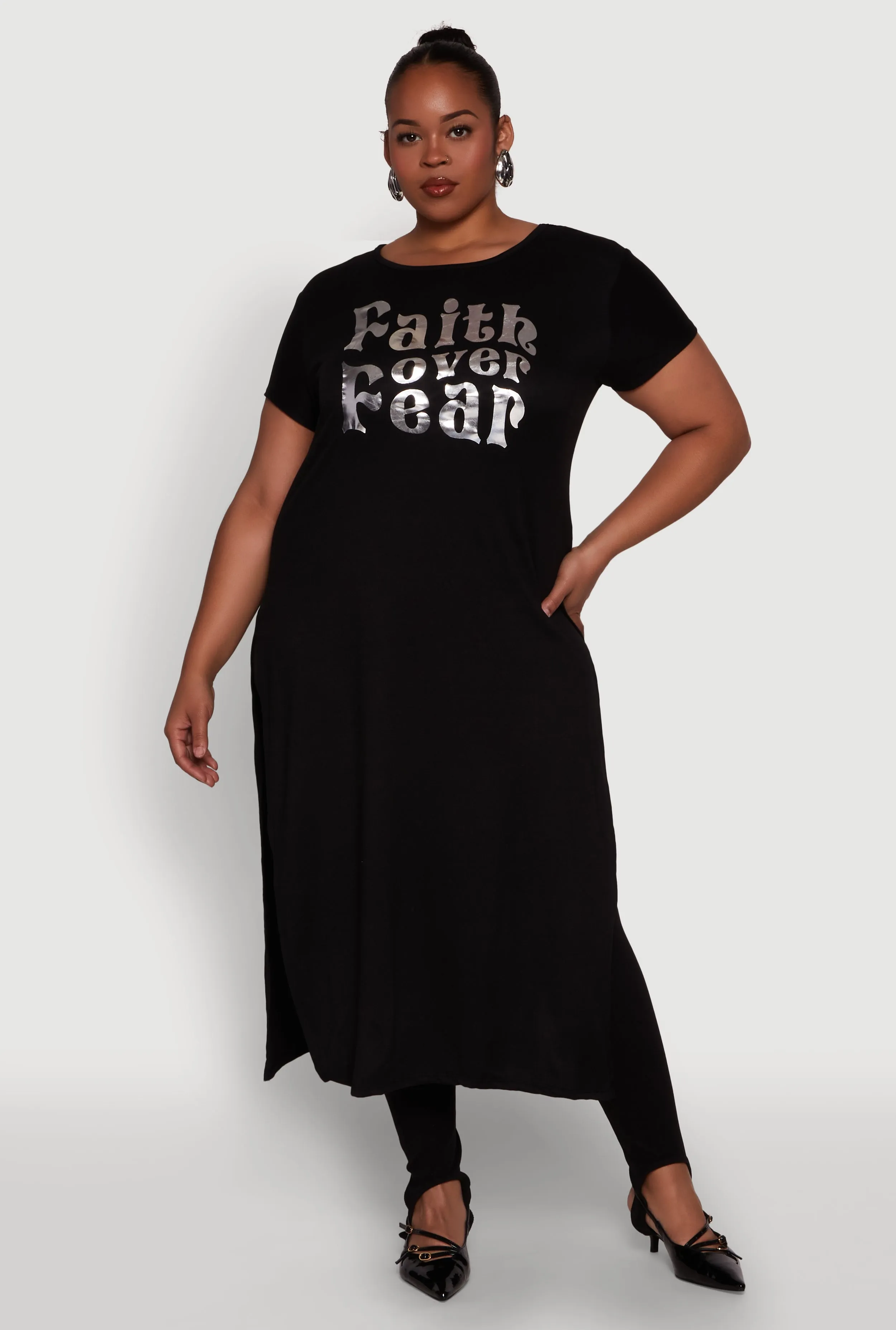 Plus Size Side Slit Faith Over Fear Foil Graphic Maxi Tee sold by Rainbow
