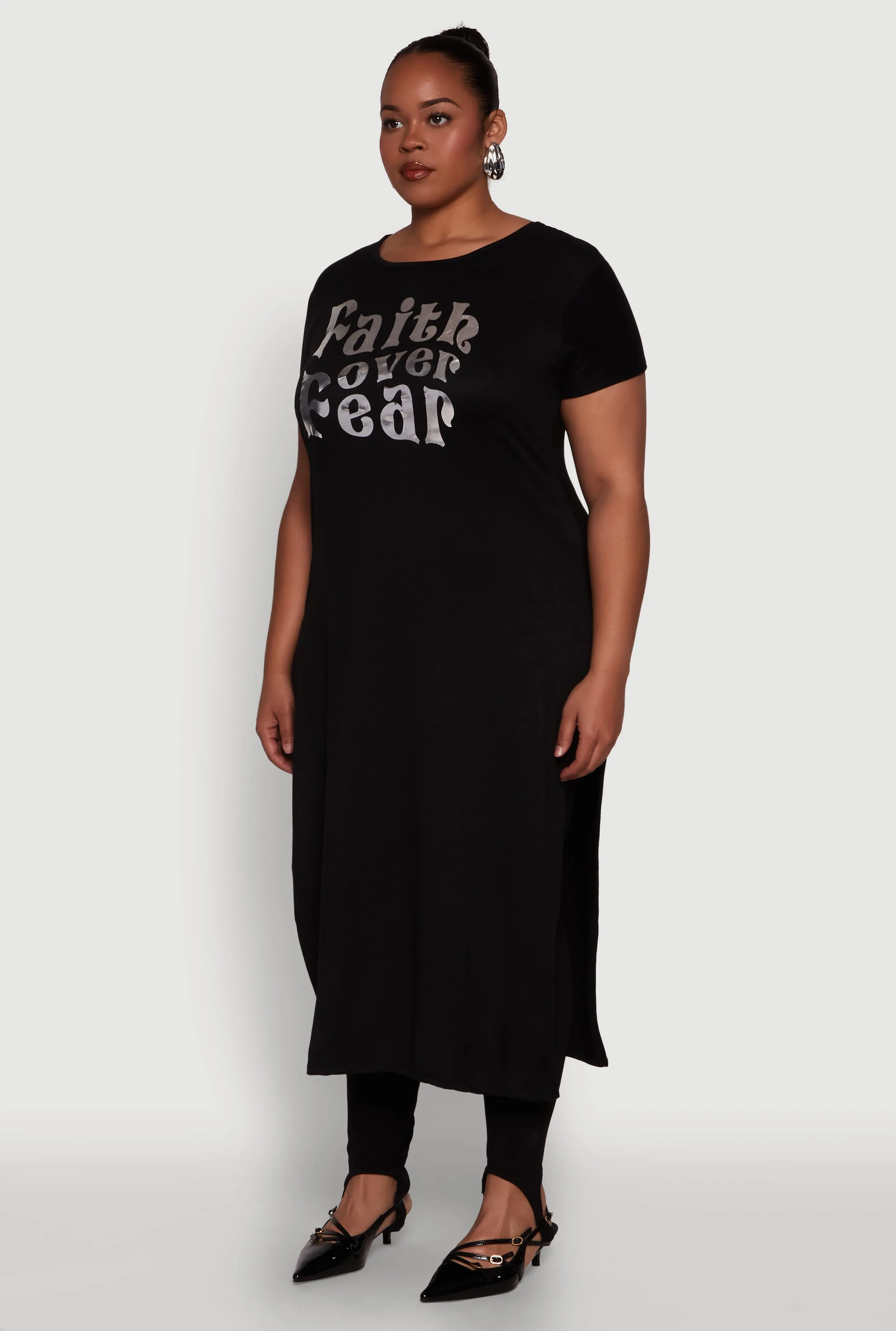 Plus Size Side Slit Faith Over Fear Foil Graphic Maxi Tee sold by Rainbow product image thumbnail 3