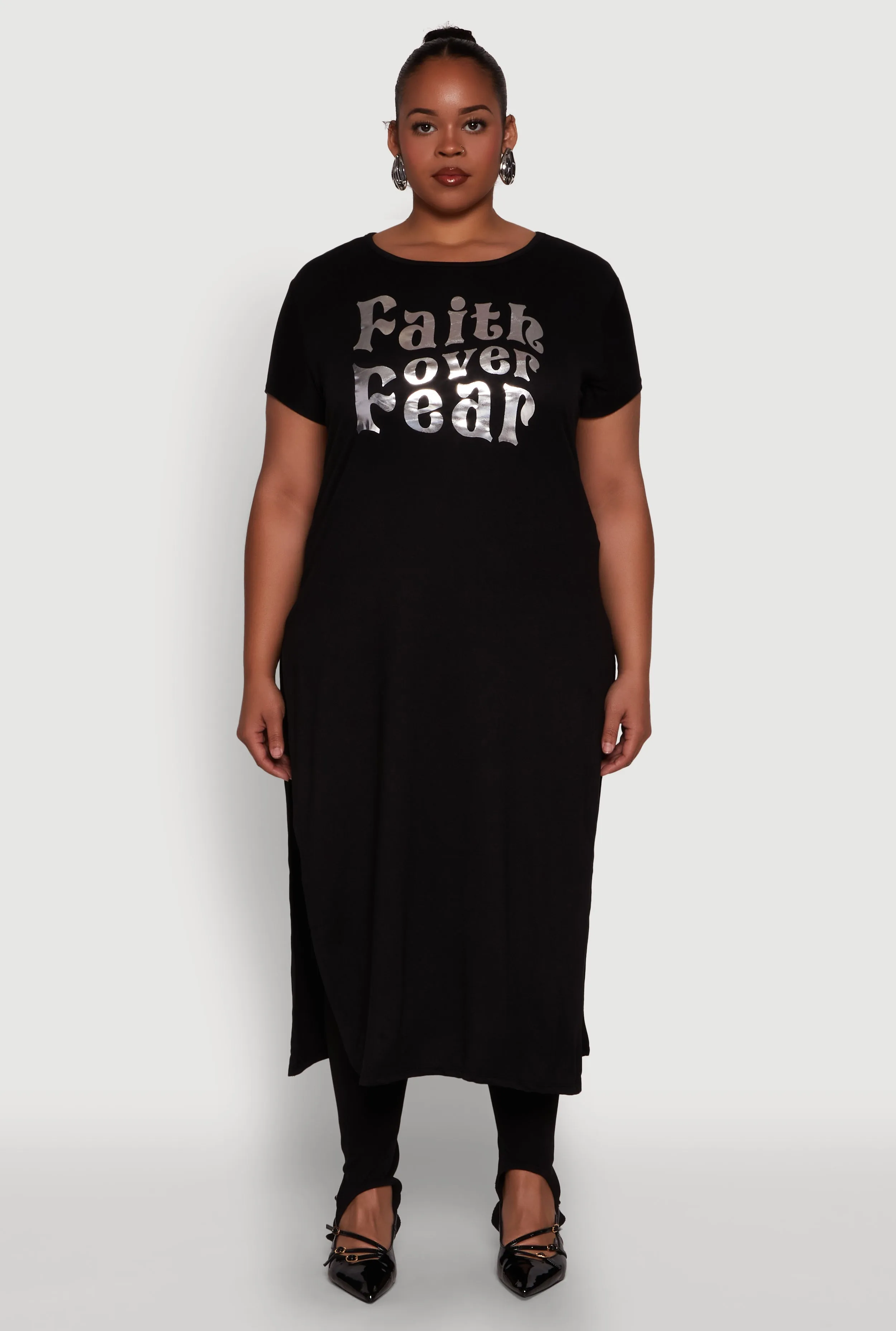 Plus Size Side Slit Faith Over Fear Foil Graphic Maxi Tee sold by Rainbow product image thumbnail 2